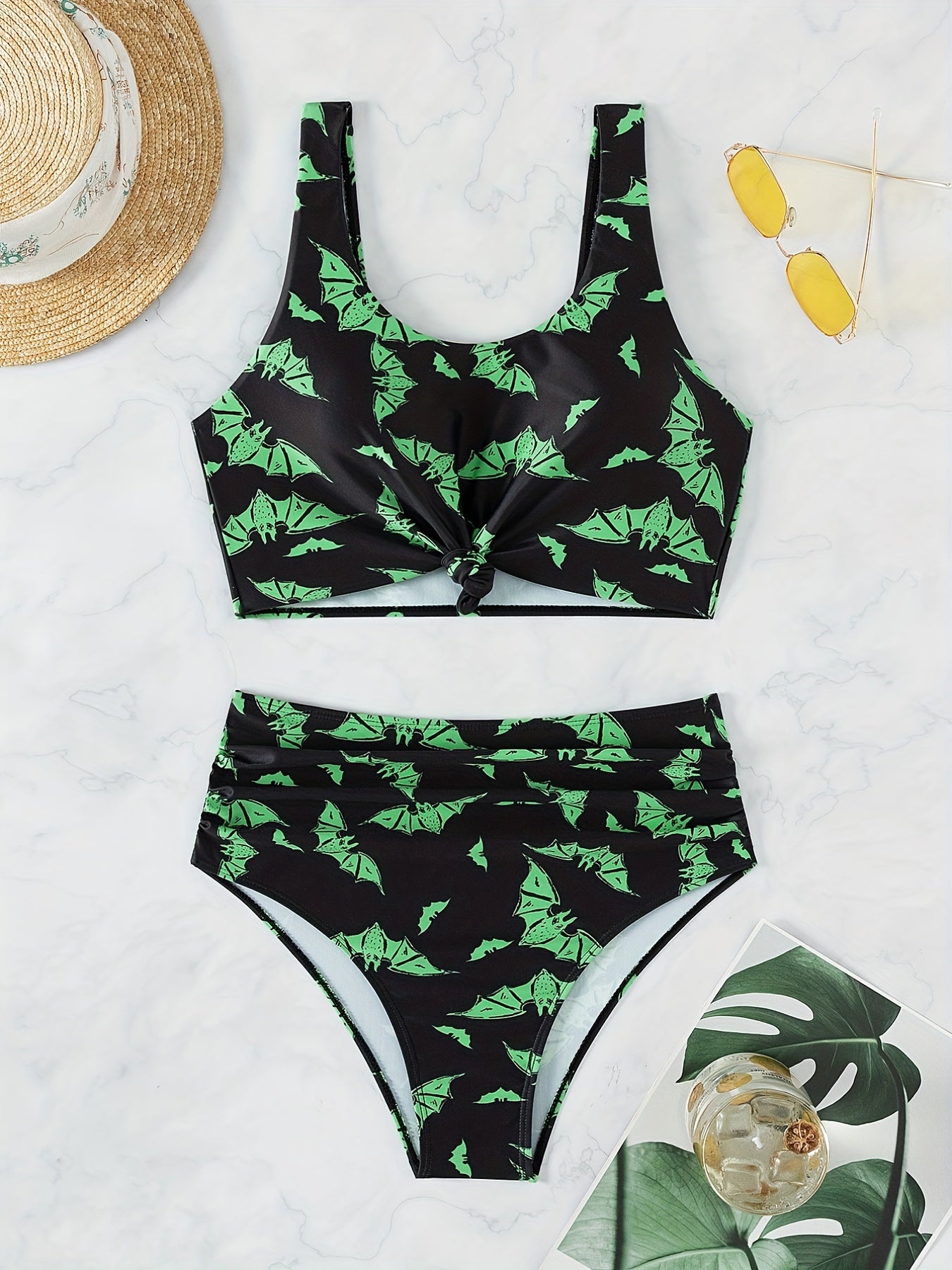 Black & Green Bat Print 2 Piece Set