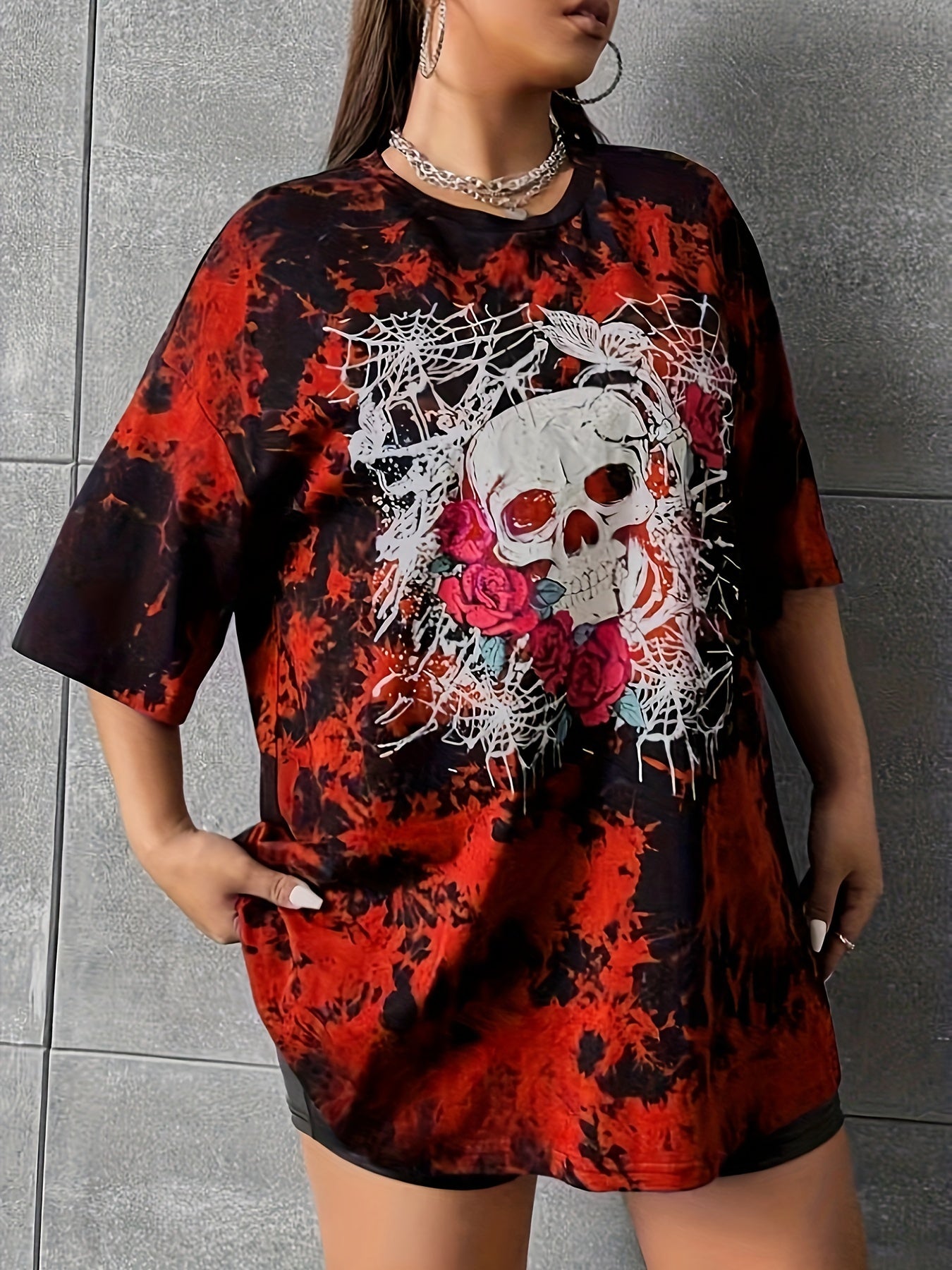 Floral Skull Print Plus Size T-Shirt