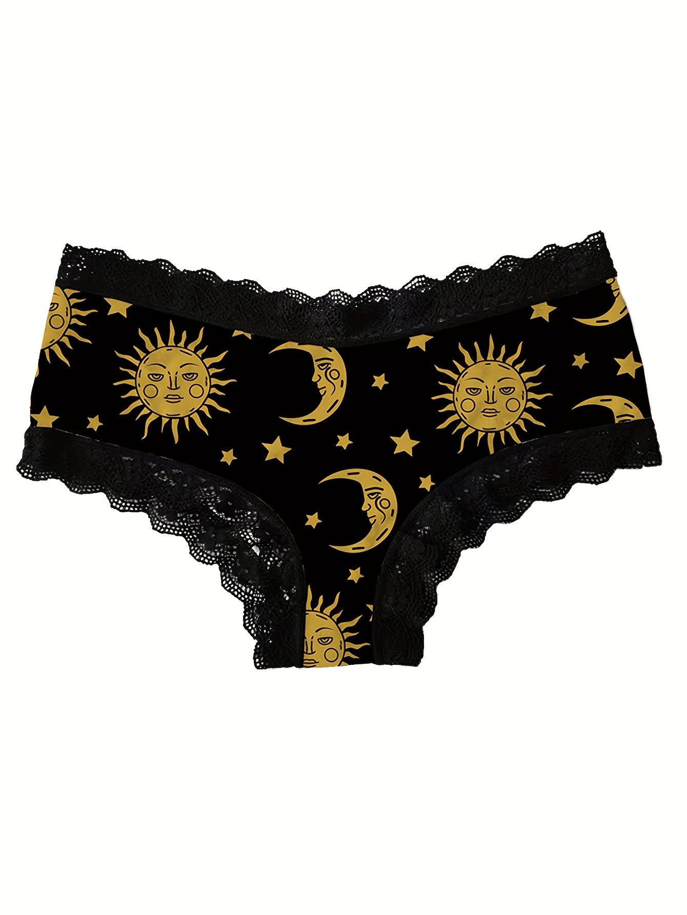 3pcs Moon & Sun Print Lace Trim Briefs