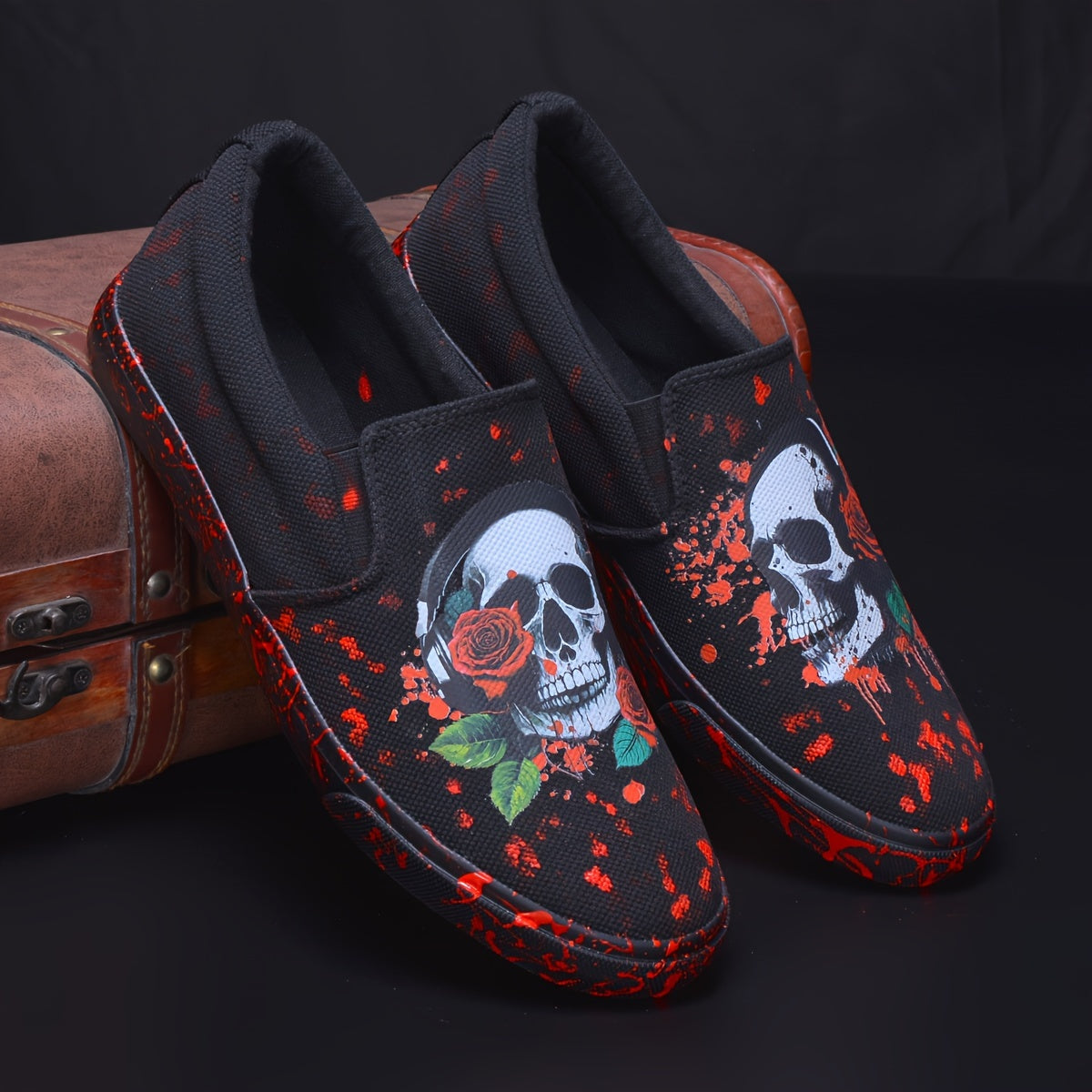 Men's Skull And Rose Print Slip On Shoes