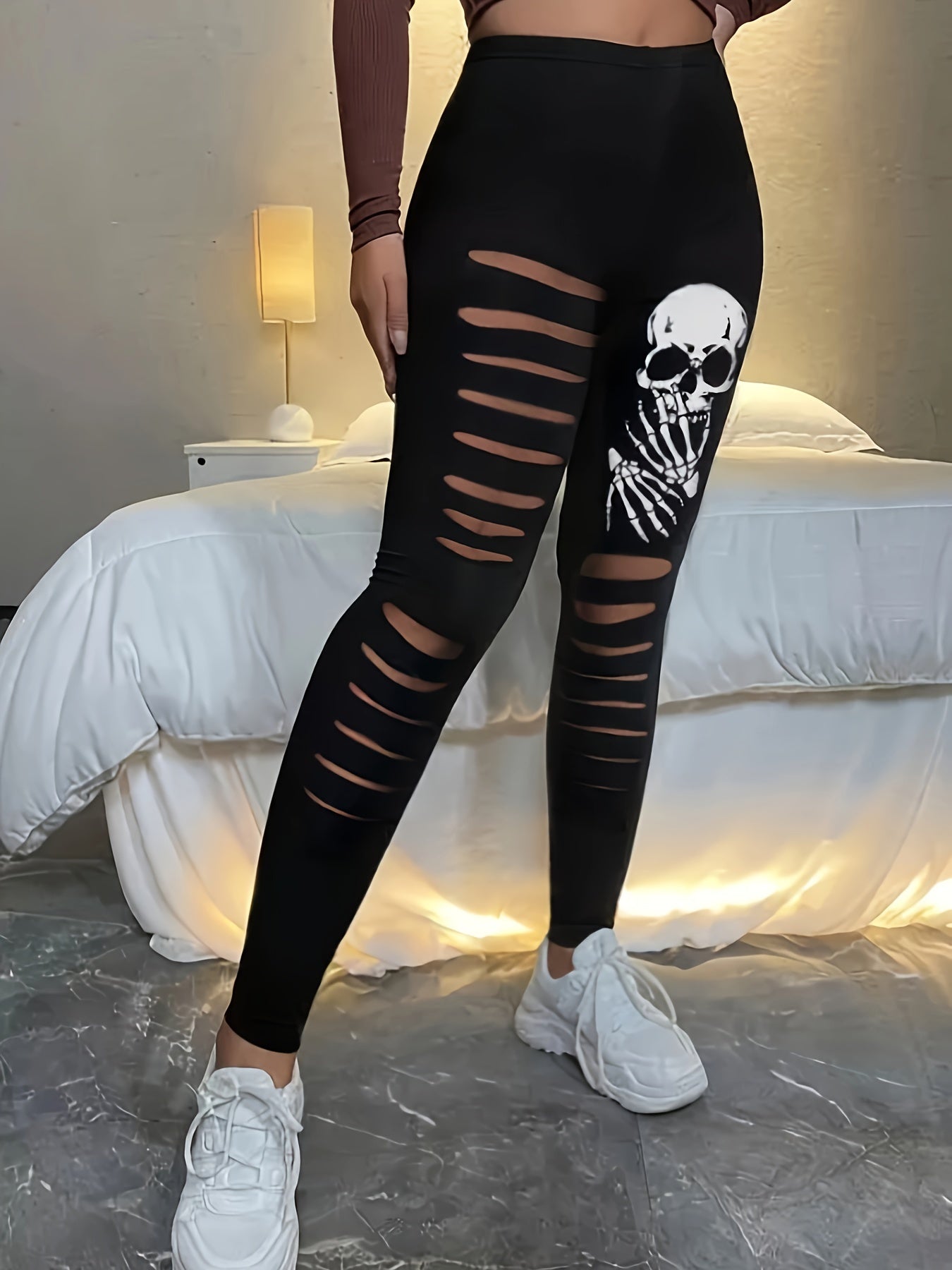 Women's Plus Skull Print Ripped Elastic High Rise High Stretch Leggings