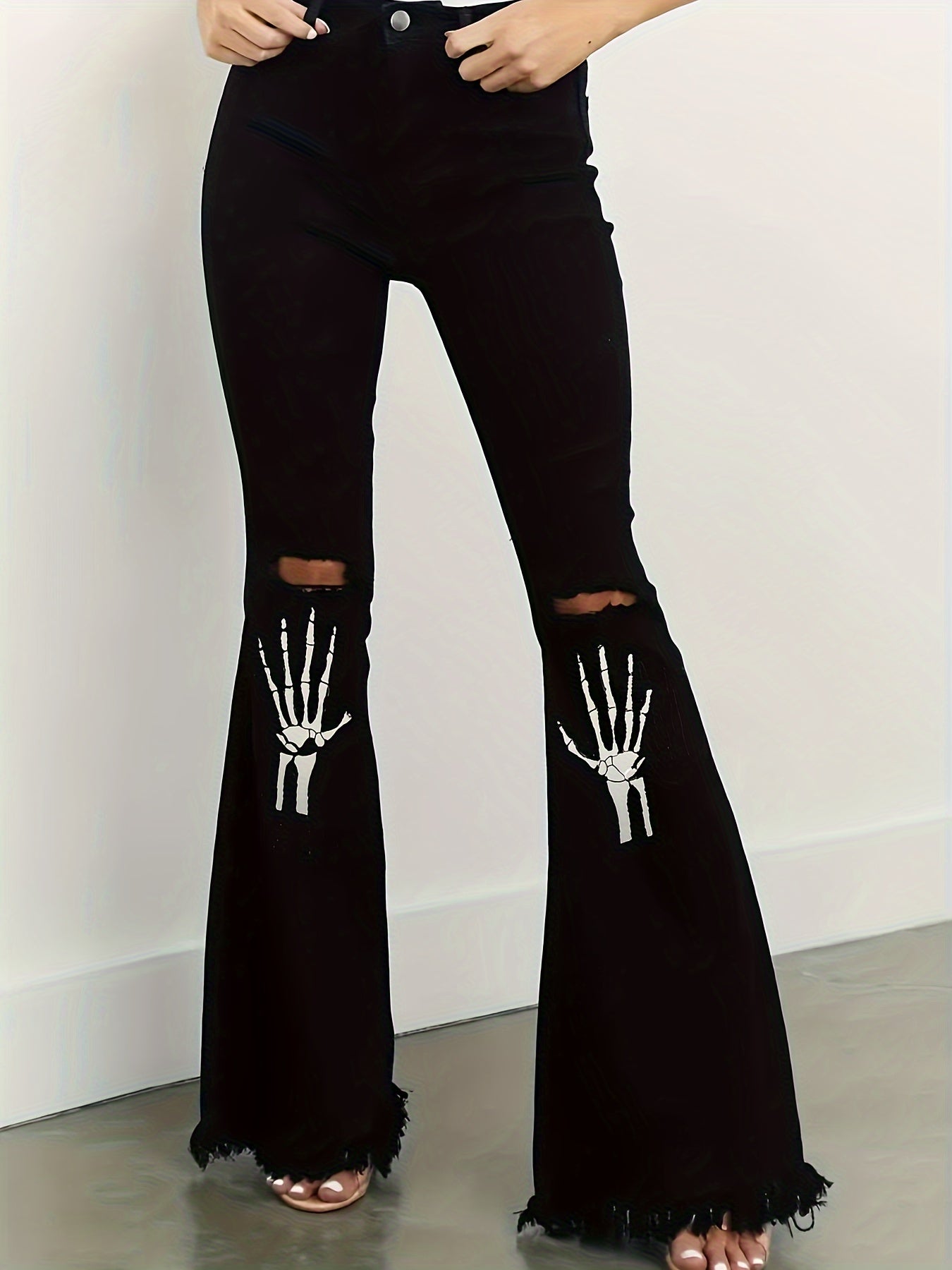 Skeleton Ripped Flare Leg Jeans