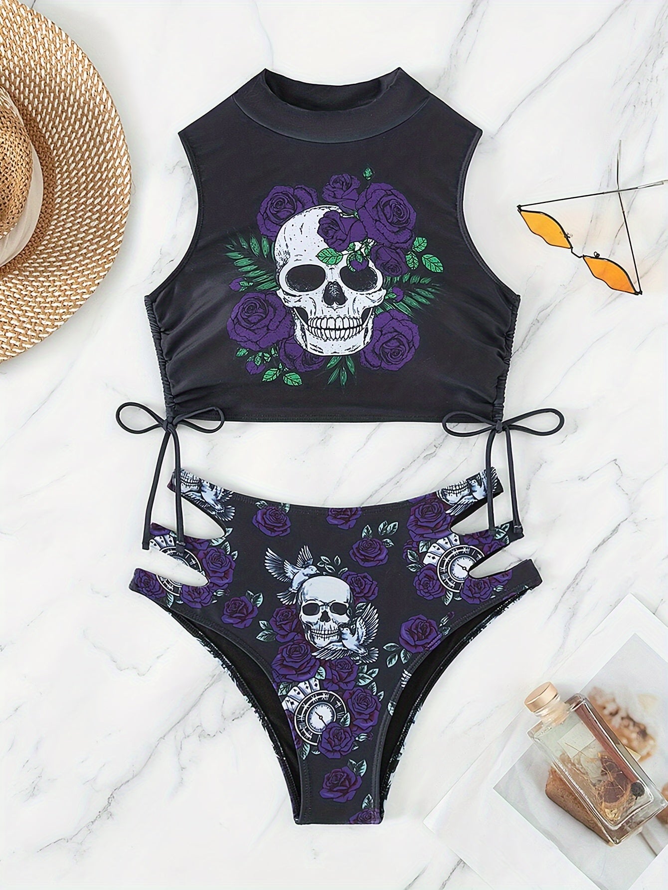 Purple Rose Skull Print Bikini