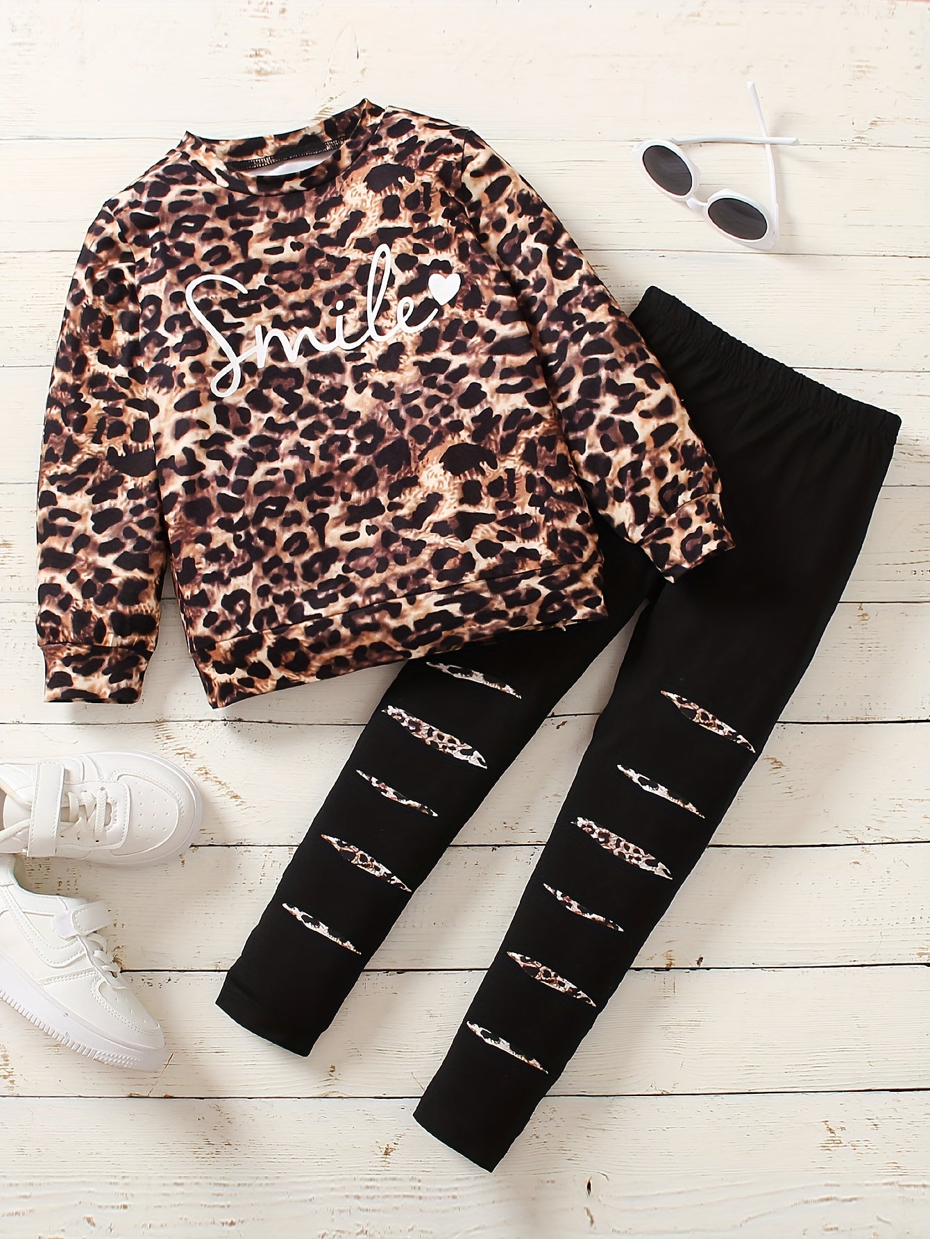 Colorful Leopard Print Top & Ripped Skinny Jeggings