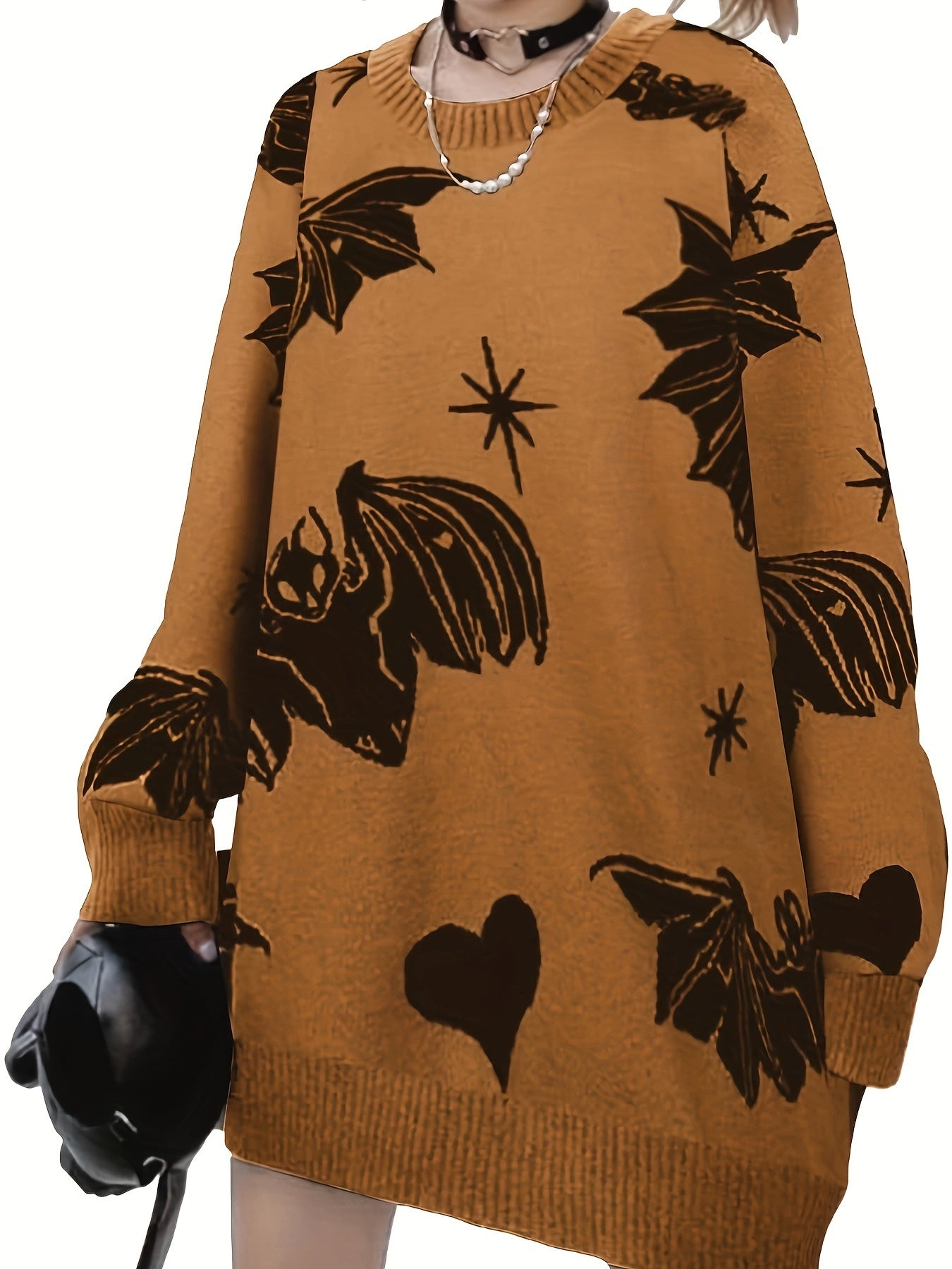 Bat Pattern Crew Neck Knit Sweater