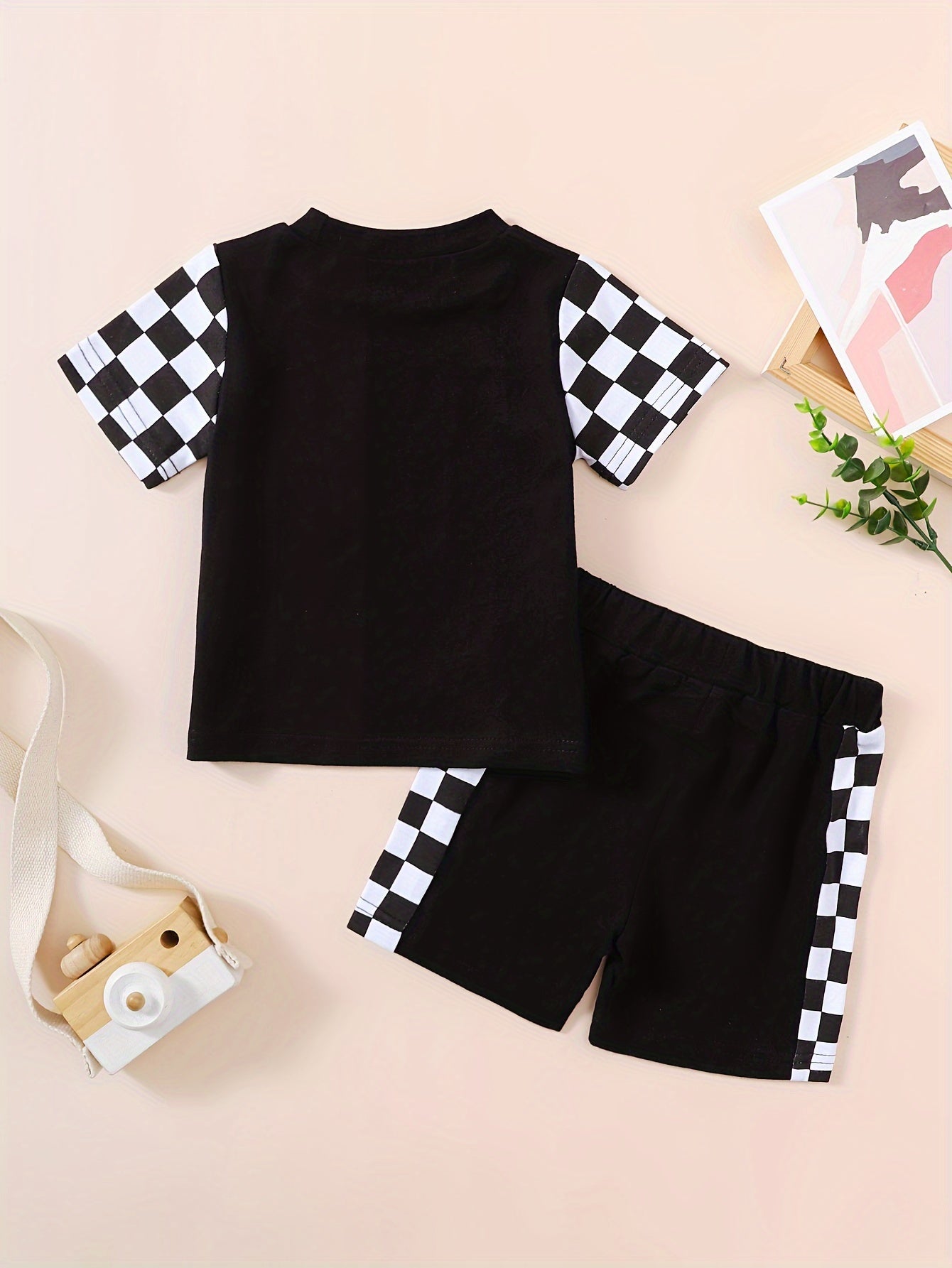 2pcs Baby's Checkerboard Pattern Stitching Cotton Summer Set, T-shirt & Casual Shorts, Baby Boy's Clothing, As Gift