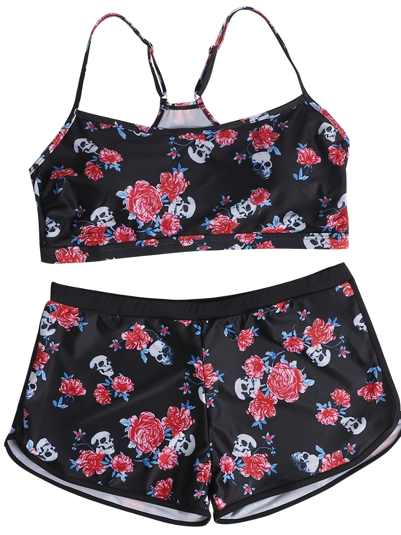 Women's Plus Rose & Skull Print Top & Shorts Swimsuit