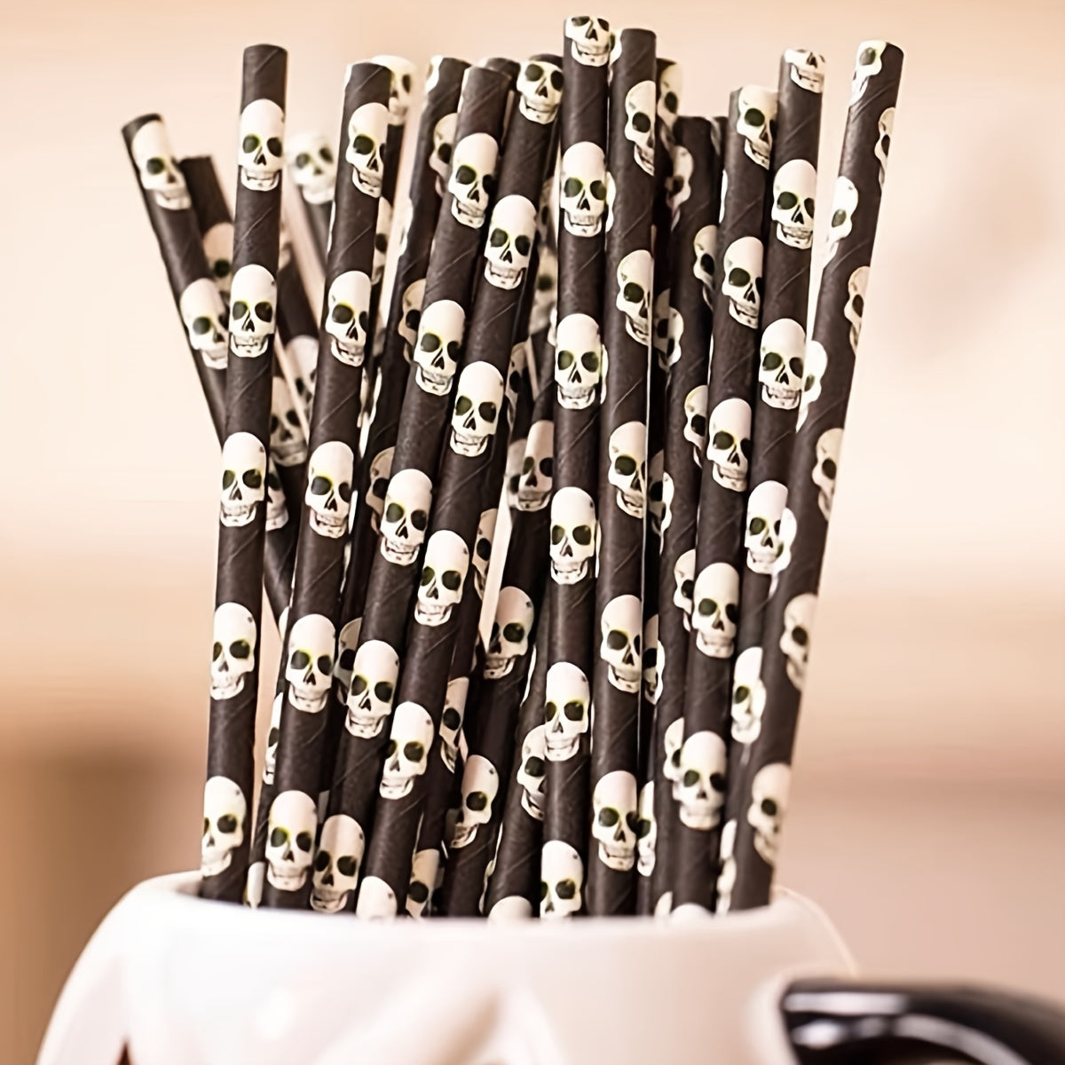 25pcs, Halloween Black Skull Disposable Paper Straws