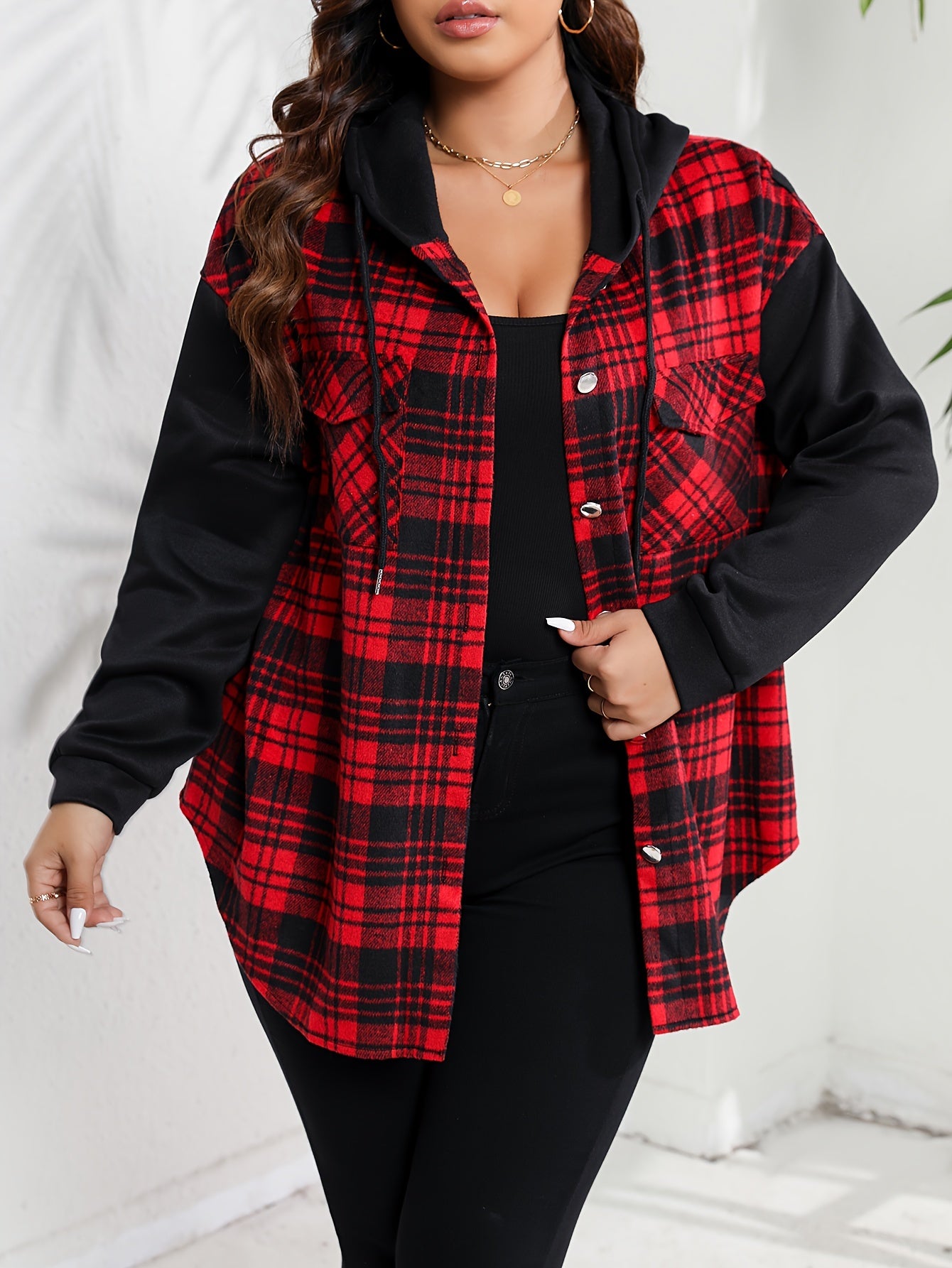 Plus Size Women's Plaid Print Hooded Jacket