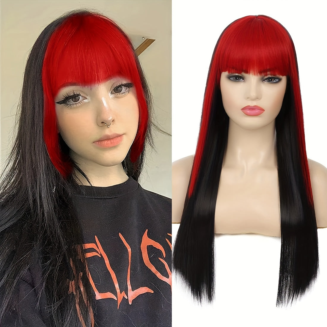 Black and red synthetic wig