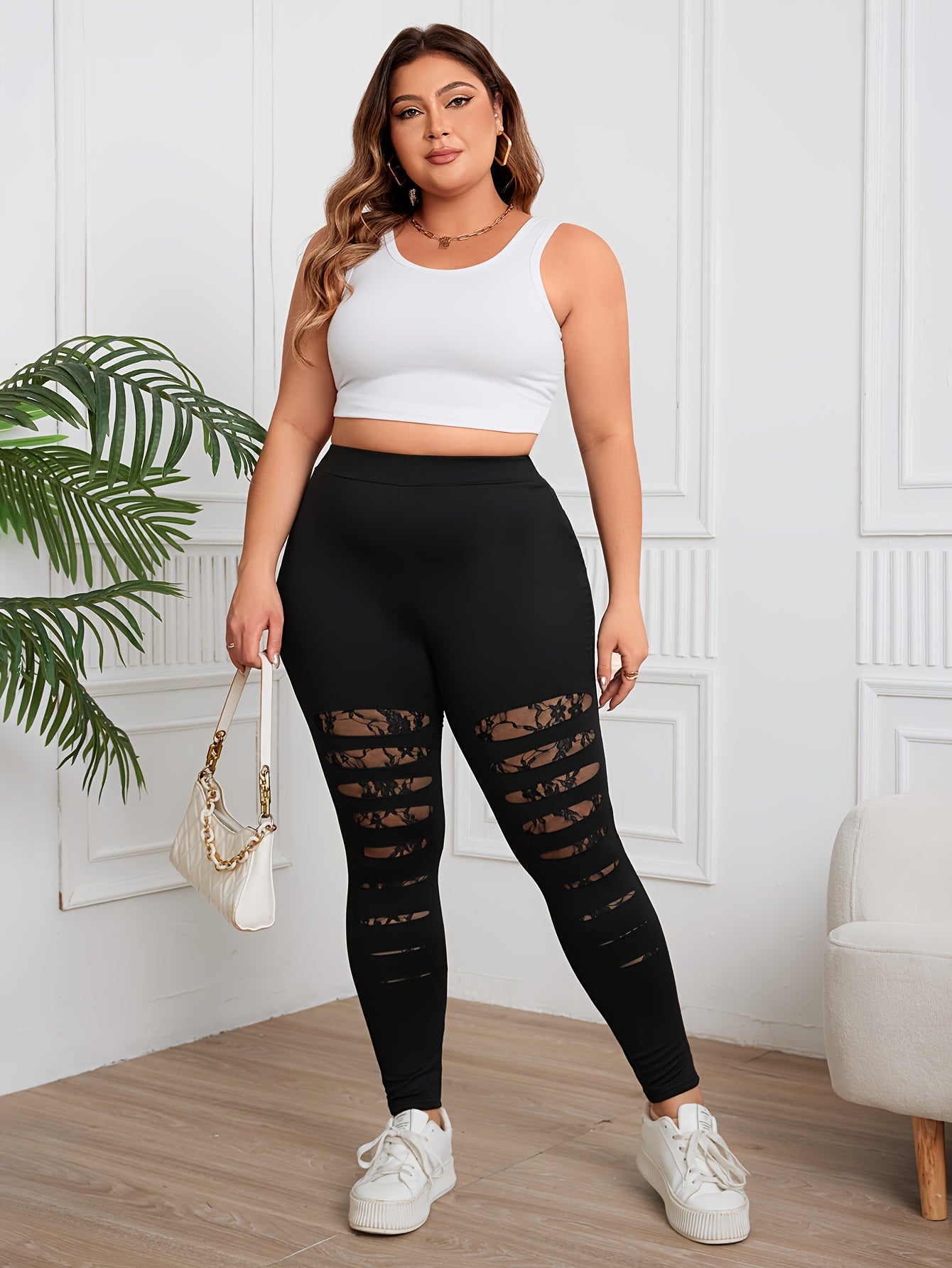 Plus Size Ripped Lace Stitching Leggings