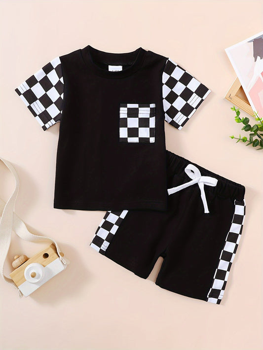 2pcs Baby's Checkerboard Pattern Stitching Cotton Summer Set, T-shirt & Casual Shorts, Baby Boy's Clothing, As Gift