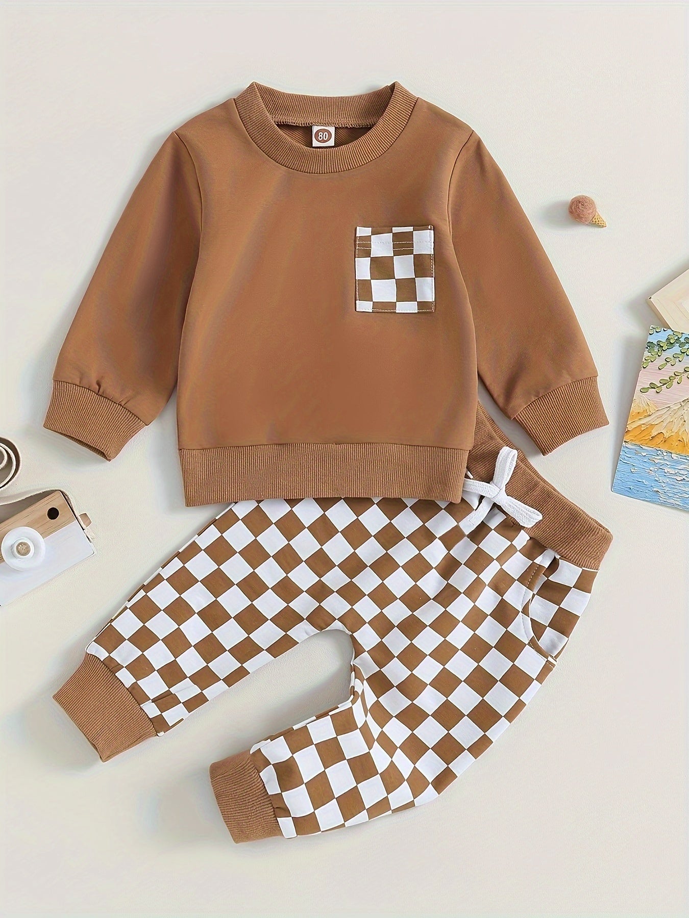 Checkerboard Print Drawstring Pants Set