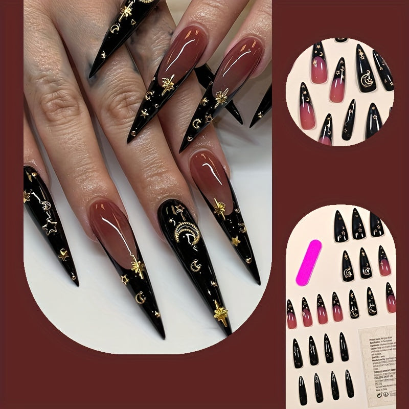 24pcs Black French Tip With Gold Moon And Stars