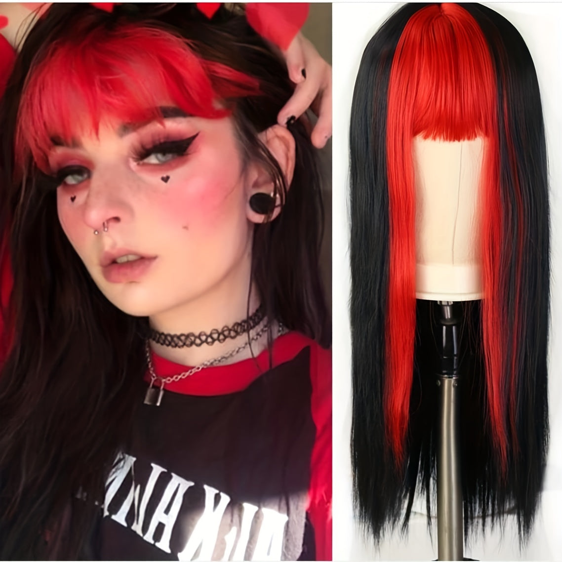 Black and red synthetic wig