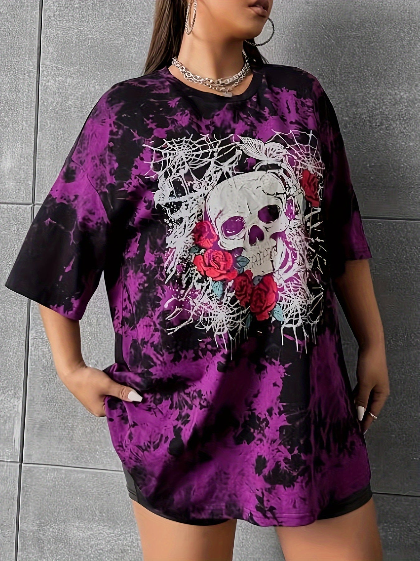 Floral Skull Print Plus Size T-Shirt