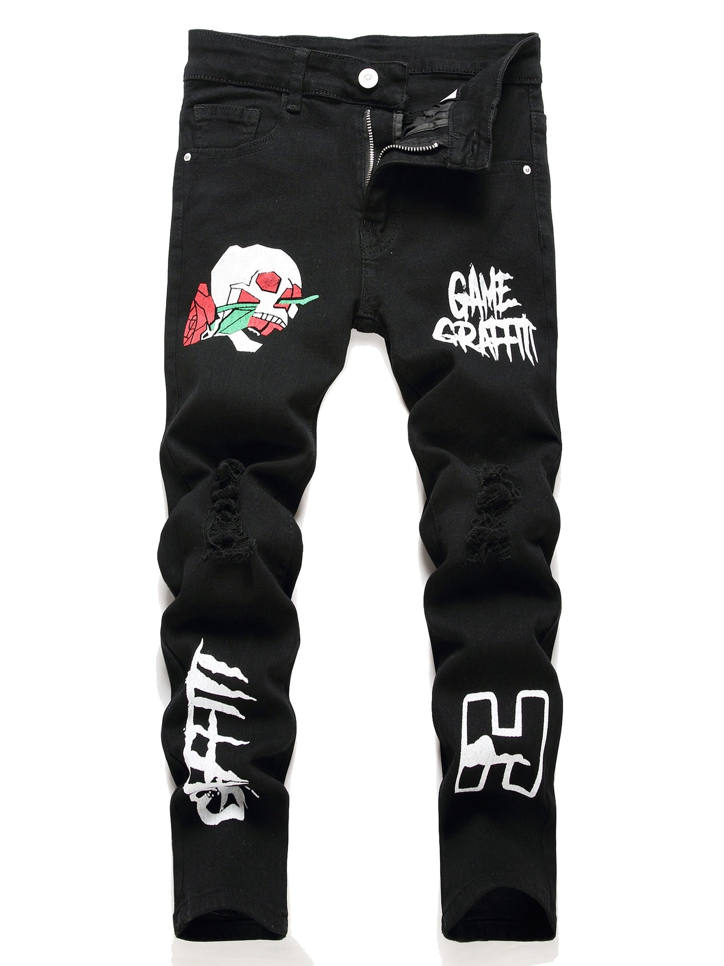 Kid's Skull & Rose Graffiti Pattern Jeans