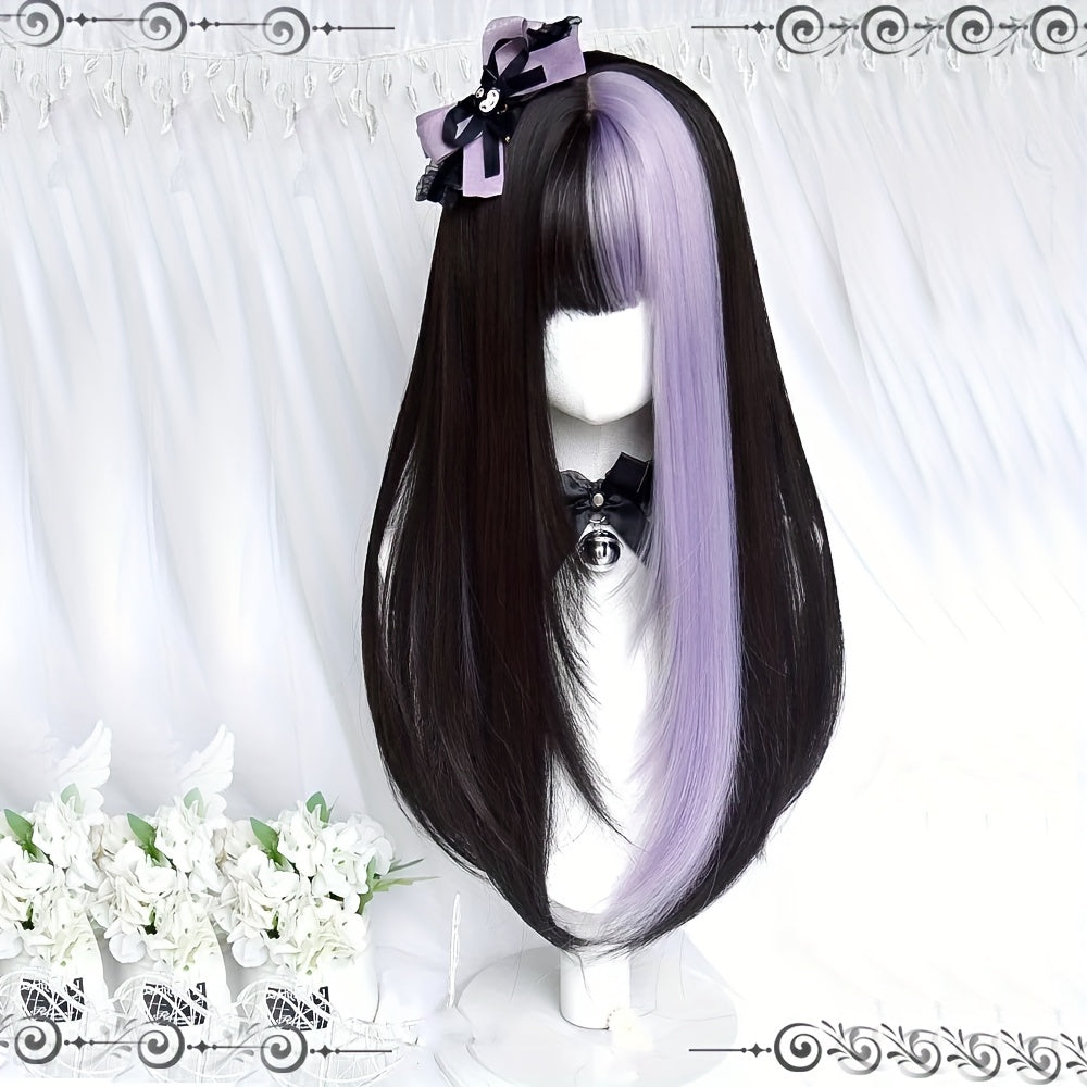 Long Black Mixed Purple Synthetic Wig