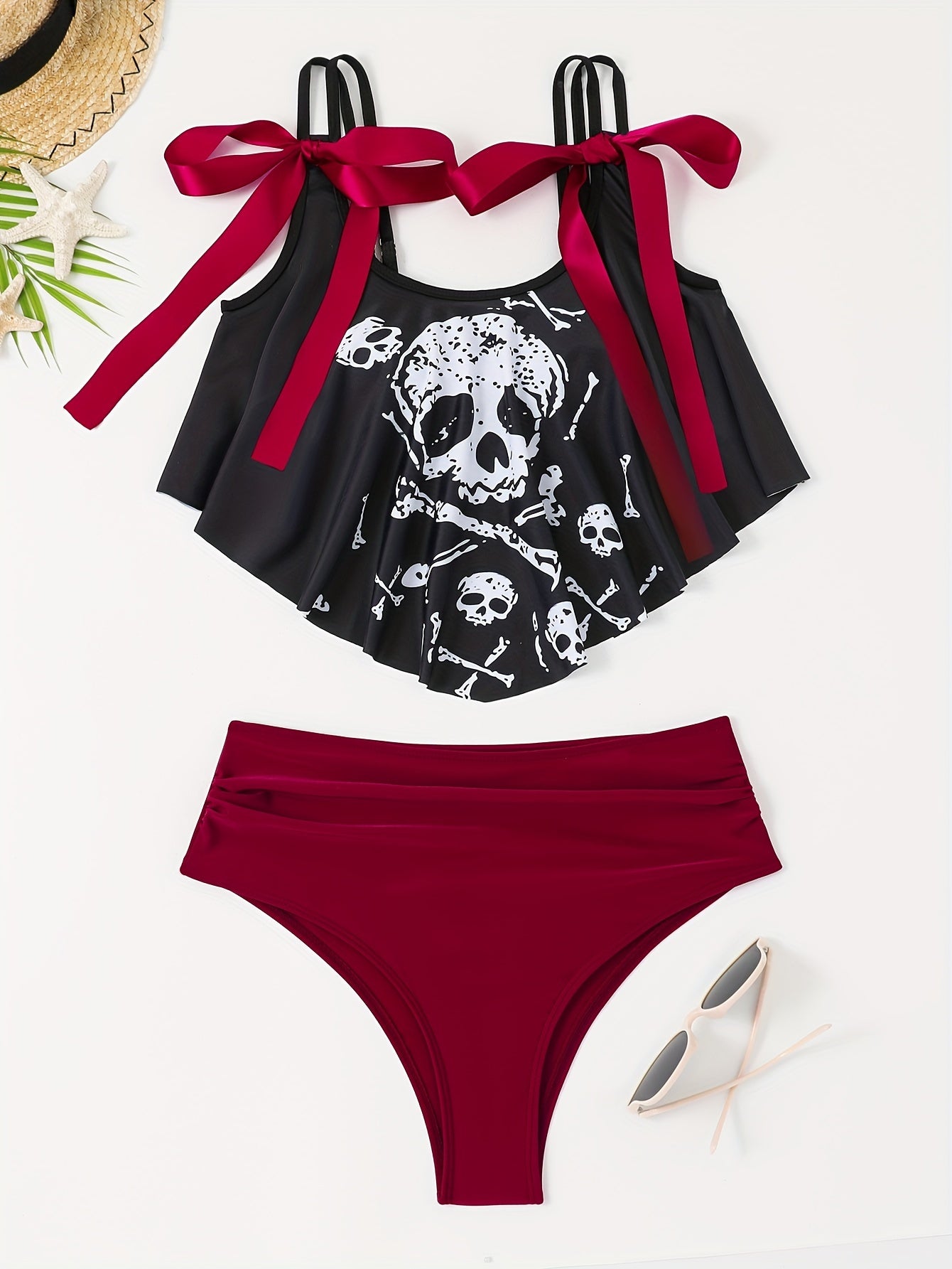 Skull Skeleton Black & Burgundy Red 2 Piece Set