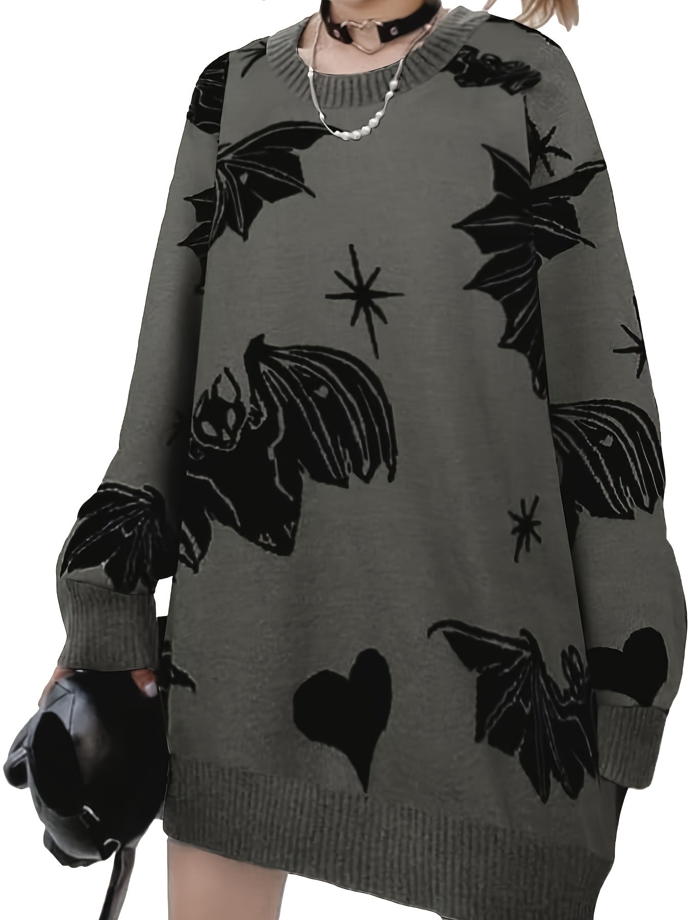 Bat Pattern Crew Neck Knit Sweater