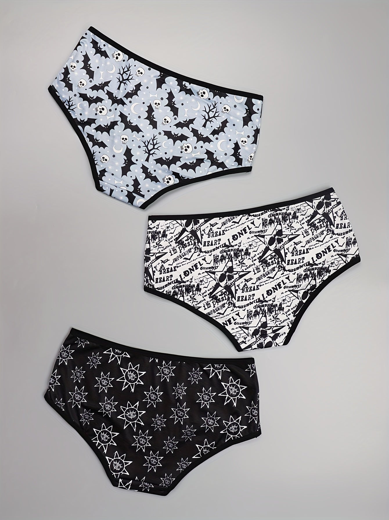 3 Pack Plus Size Skull & Eye Sun Print Low Waisted Briefs