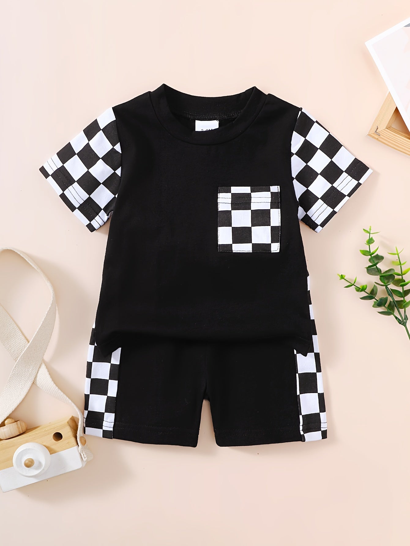 2pcs Baby's Checkerboard Pattern Stitching Cotton Summer Set, T-shirt & Casual Shorts, Baby Boy's Clothing, As Gift