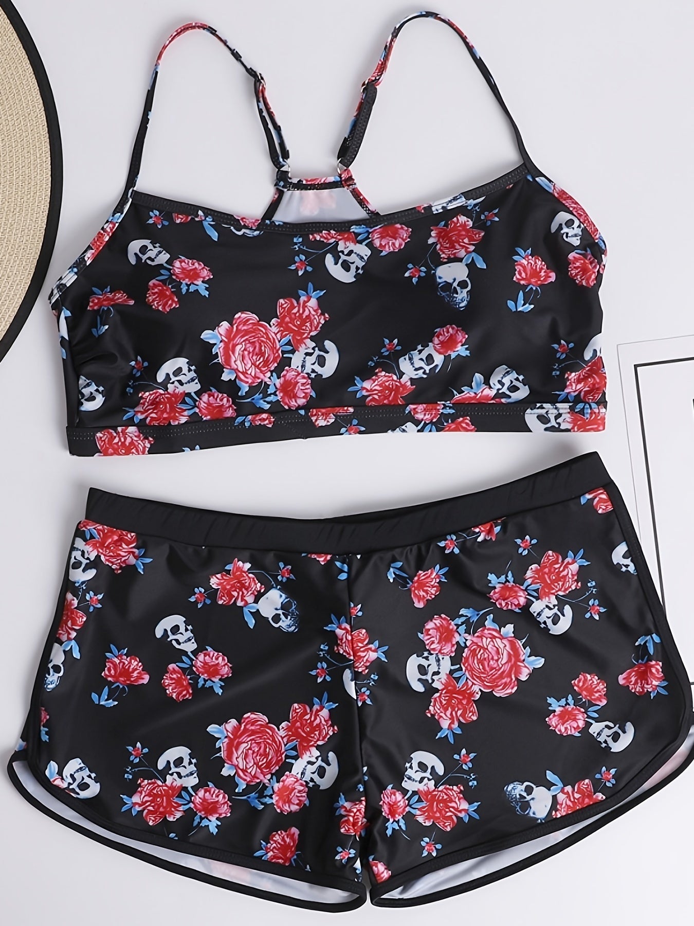 Women's Plus Rose & Skull Print Top & Shorts Swimsuit