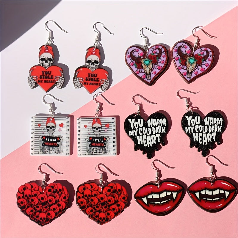 Creative Valentine's Day Ear Jewelry Skull Heart Vampire Mouth Bull Head Letter Design Dangle Earrings Goth Punk Style jewelry for sweet & cool friends