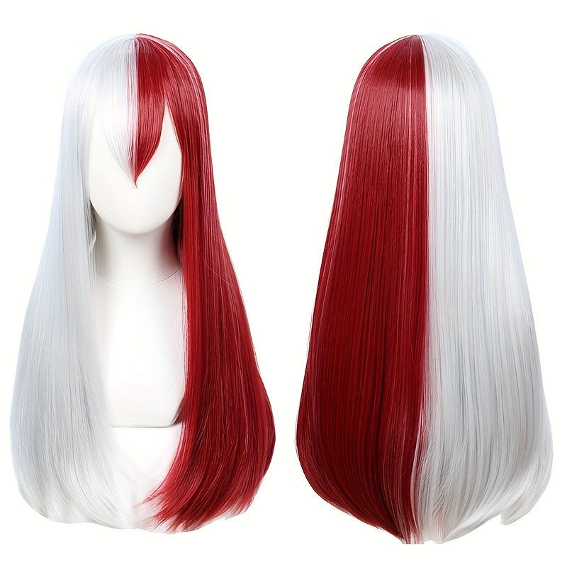 Long Synthetic Half White Half Red Cosplay Wig