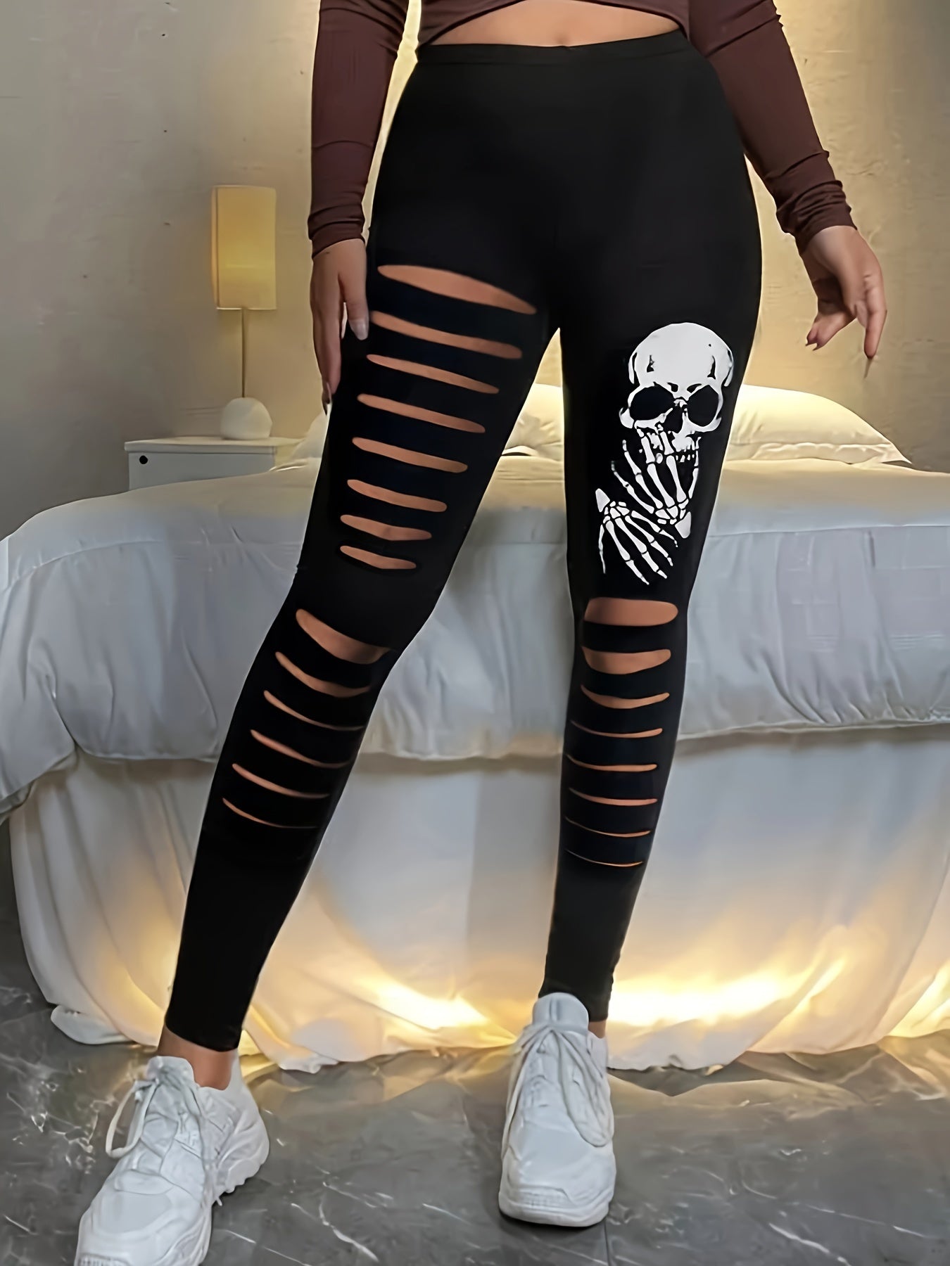 Skull Print Ripped Elastic High Rise High Stretch Leggings