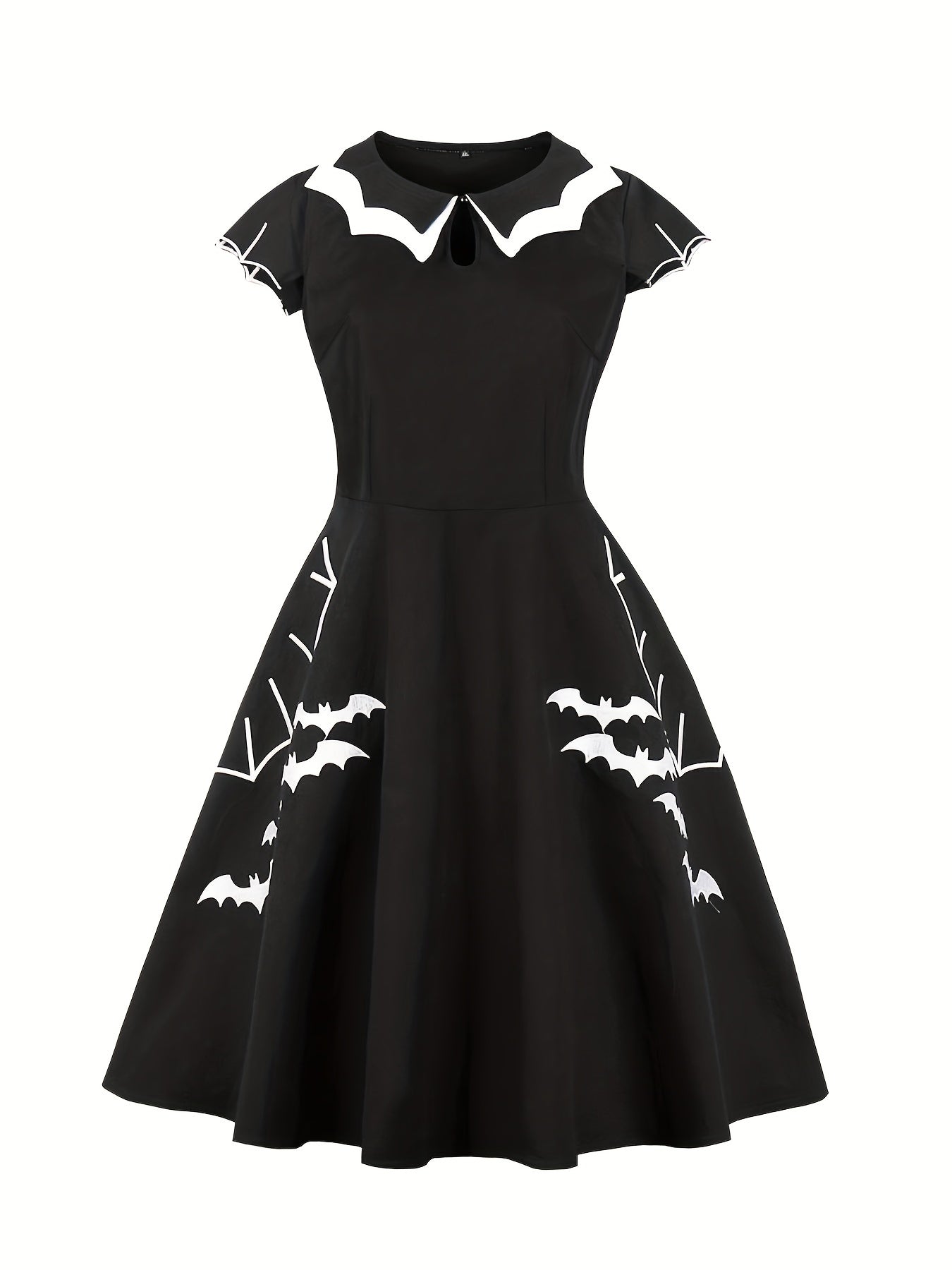 Bat & Spiderweb Embroidered Cap Sleeve Round Neck Swing Dress