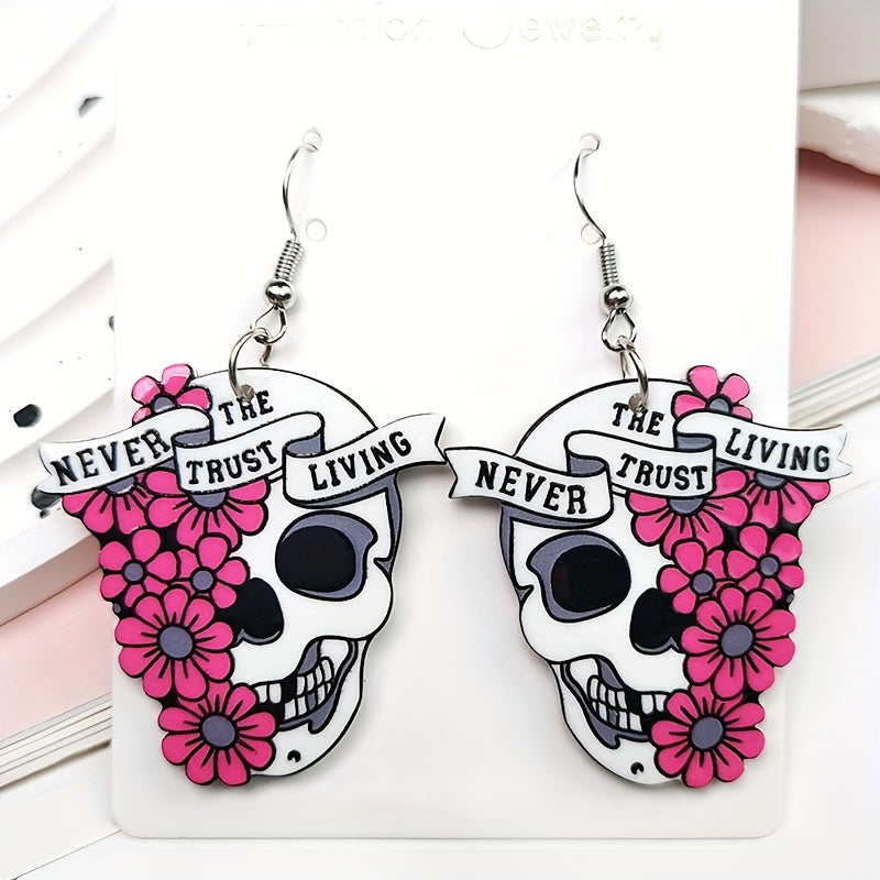 Acrylic Pink Floral Skull Drop Earring For Women, Goth Coffin Flower Earring Girly Skull Earring Tombstone With Black Snake Dangle Earing