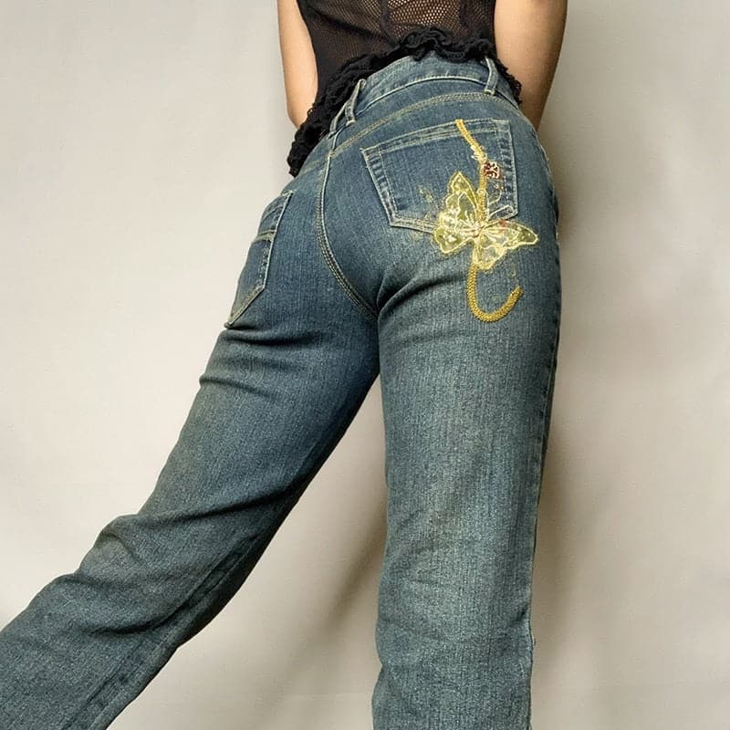 90s Vintage Butterfly Printed Denim Jeans