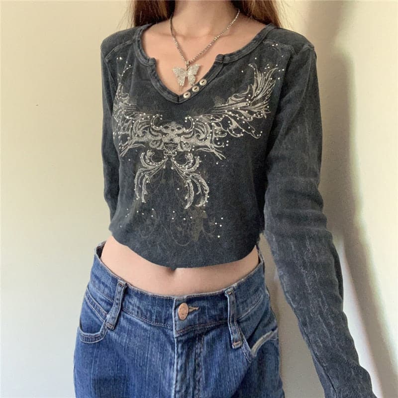 Fairy Grunge Graphic Long Sleeve V-Neck Tee