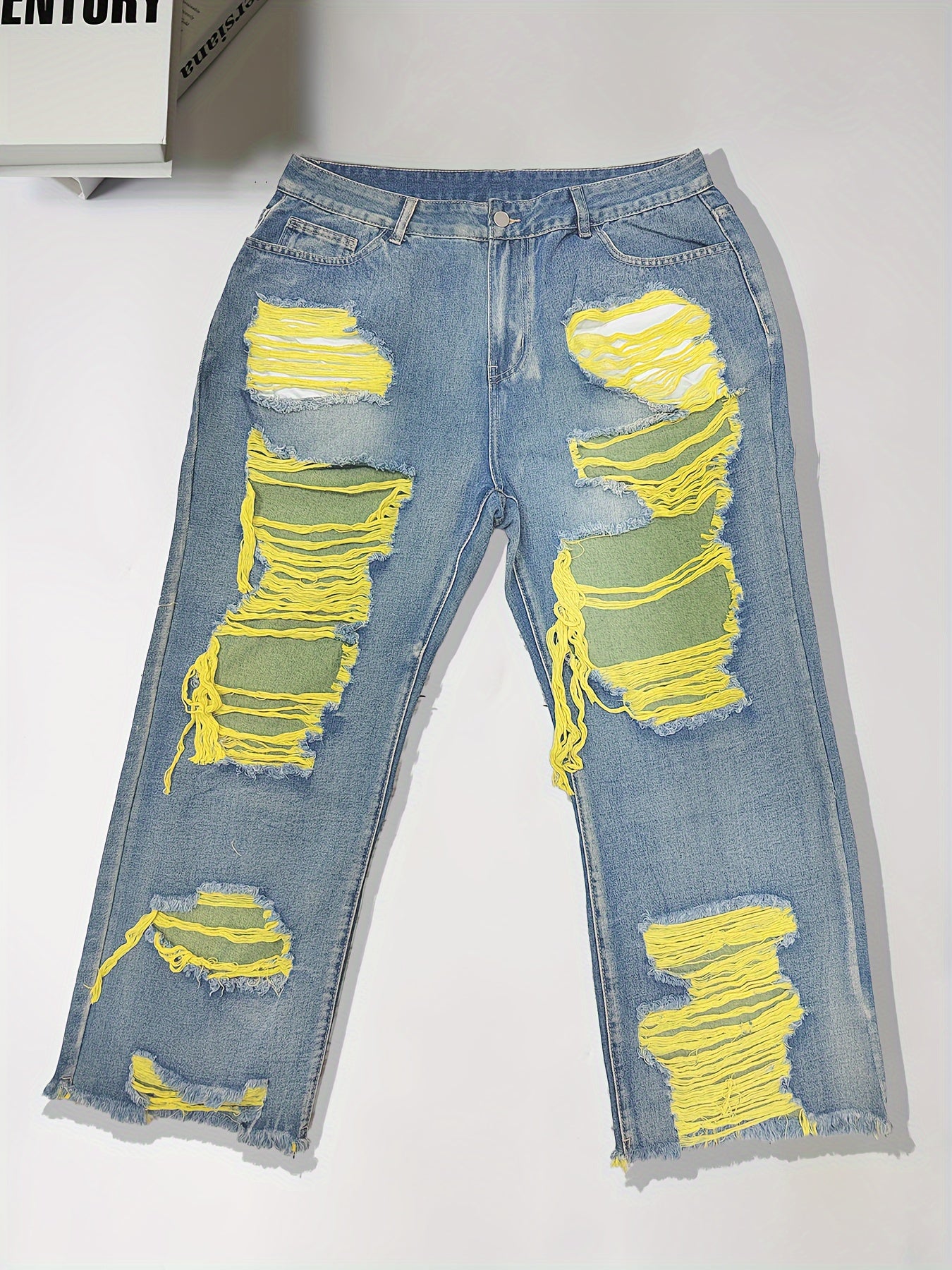 Plus Size Ripped Yellow Dye Detail Distressed Denim Pants