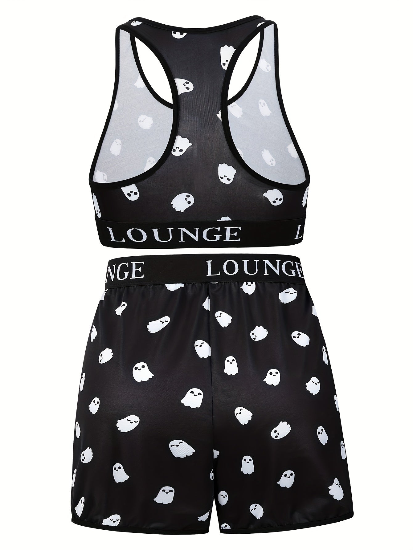 Women's Plus Ghost Print Letter Tape Racer Back Bra & Shorts