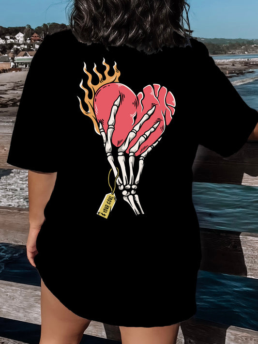 Women's Plus Skeleton & Heart Print T-shirt