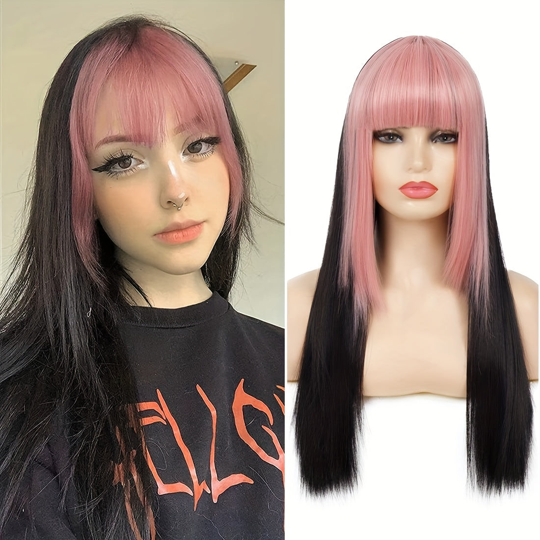 Black and red synthetic wig