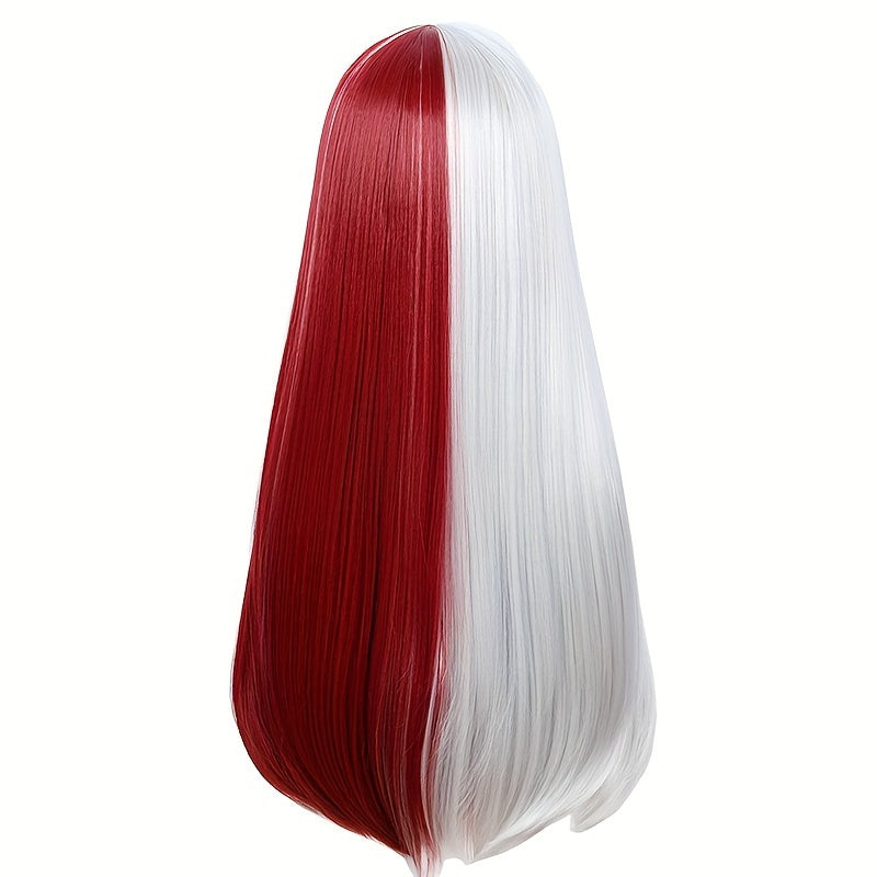 Long Synthetic Half White Half Red Cosplay Wig