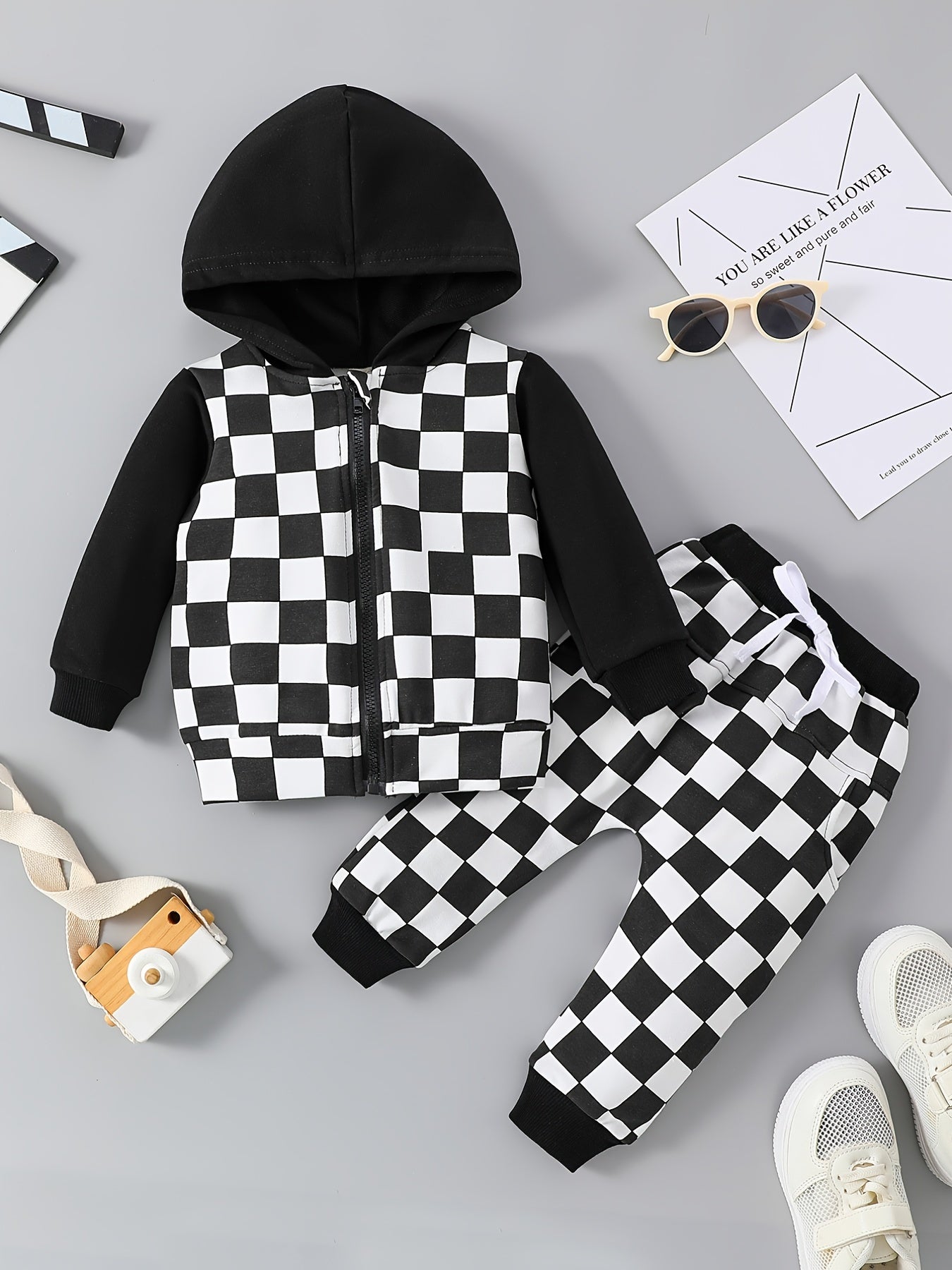 Checkerboard Zip-Up Hoodie Set