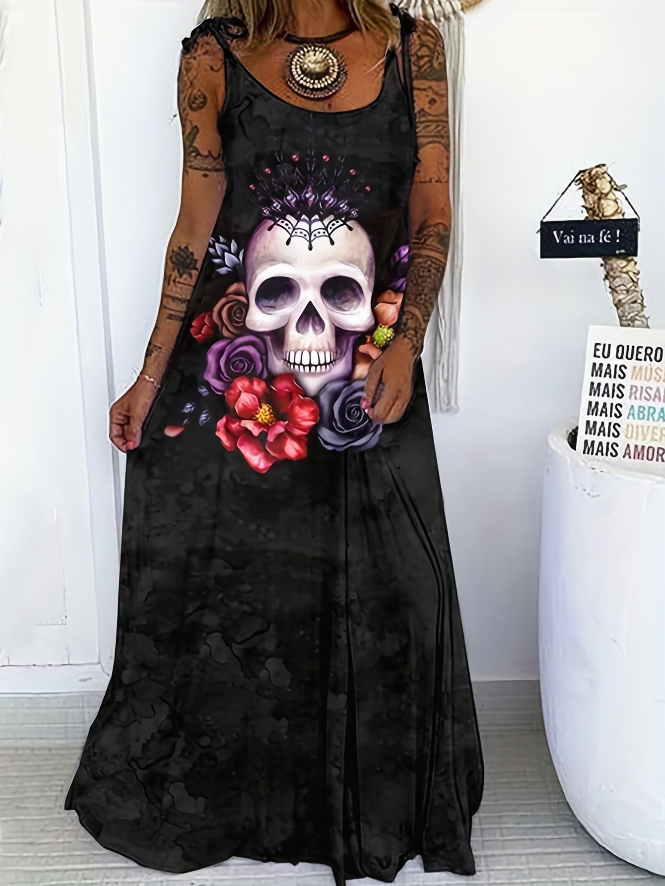 Plus Size Goth Floral & Skull Print Dress