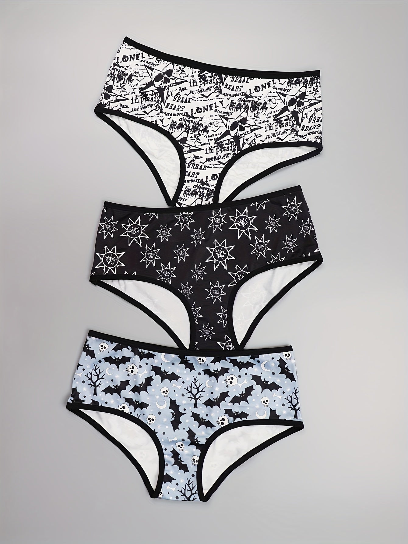 3 Pack Plus Size Skull & Eye Sun Print Low Waisted Briefs