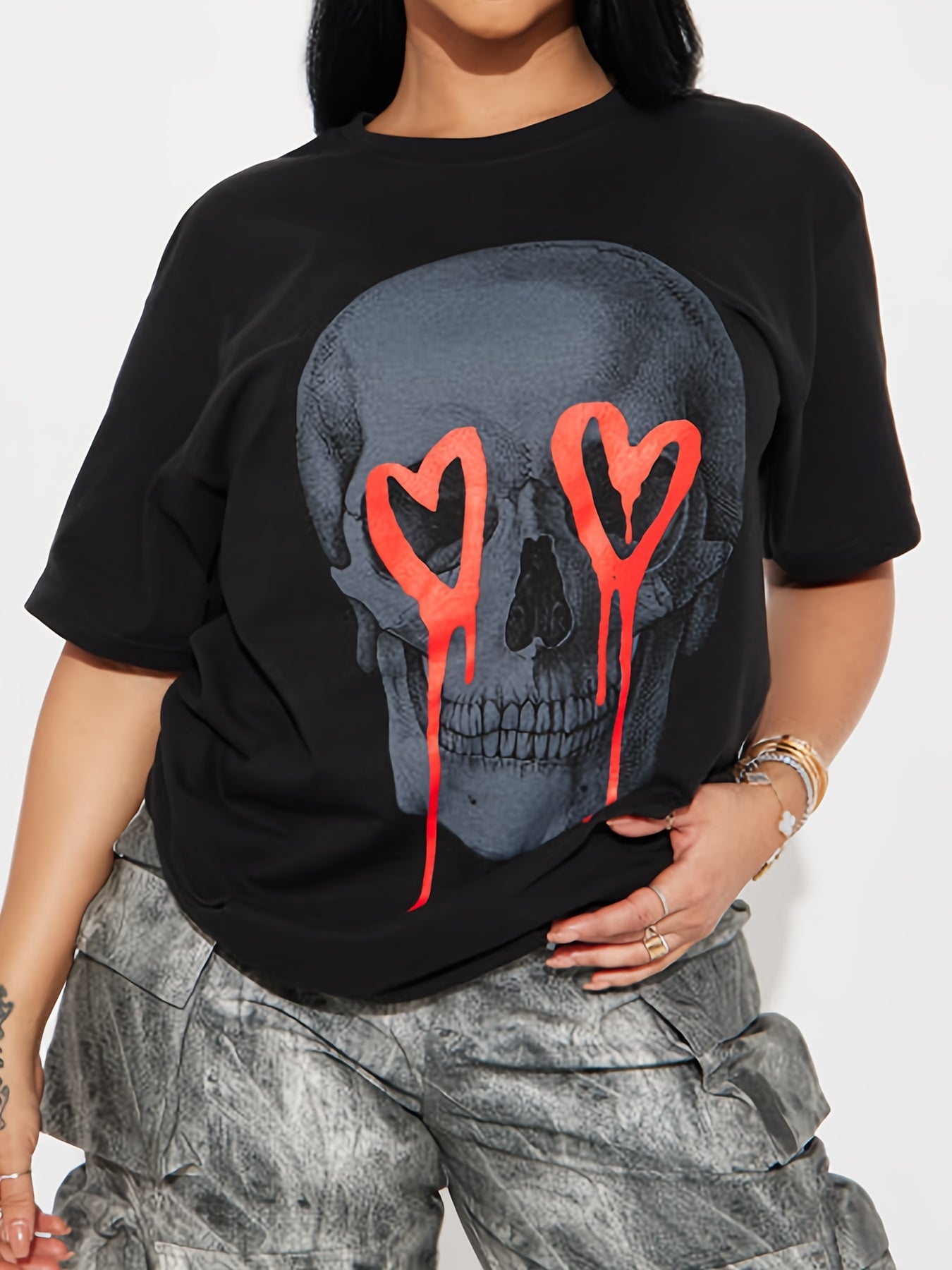 Women's Plus Melted Heart & Skull Loose Fit T-shirt