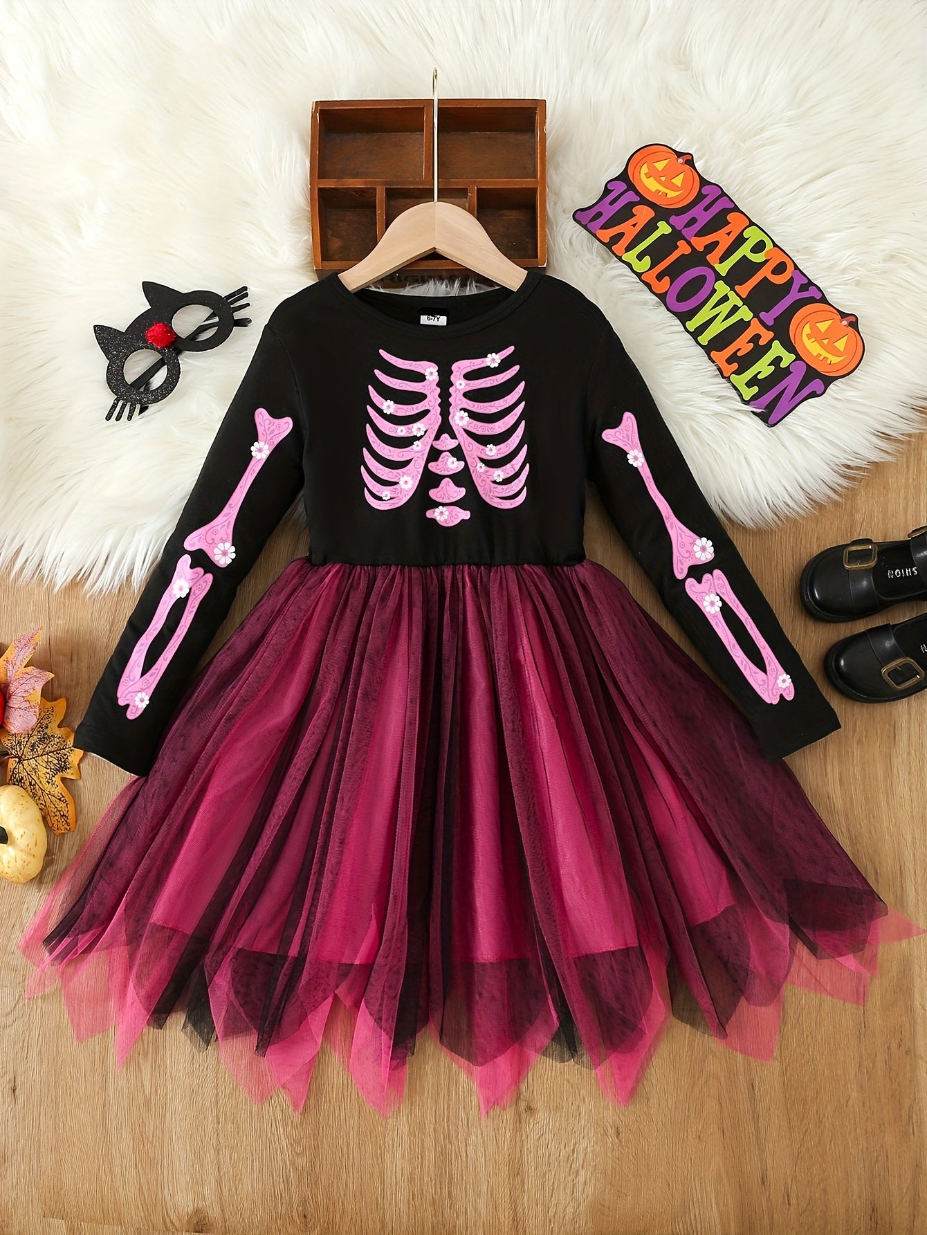 Skeleton Print Long Sleeve Tutu Dress