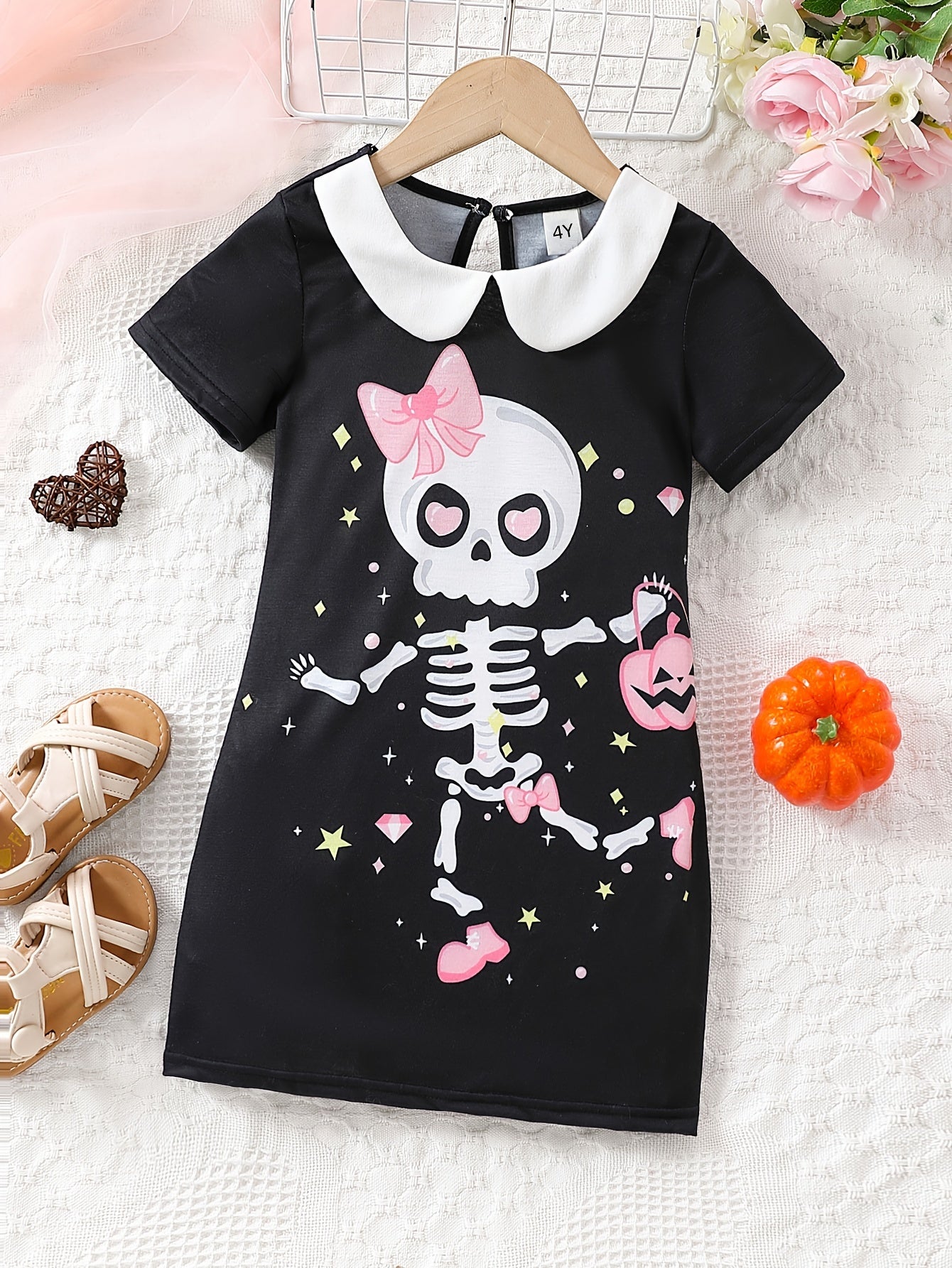 Girls Skeleton Print Collared Dress