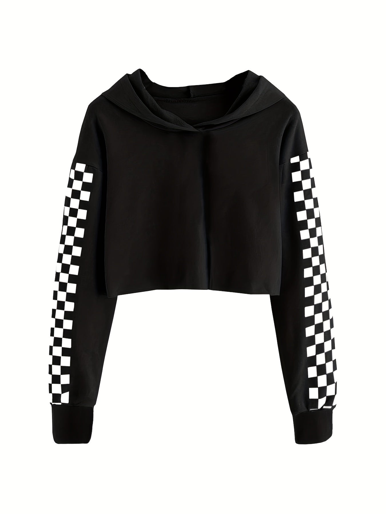 Girls Cropped Checkered Print Long Sleeve Sweatshirt