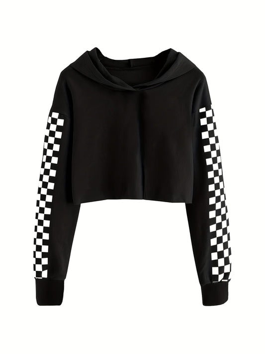 Girls Cropped Checkered Print Long Sleeve Sweatshirt