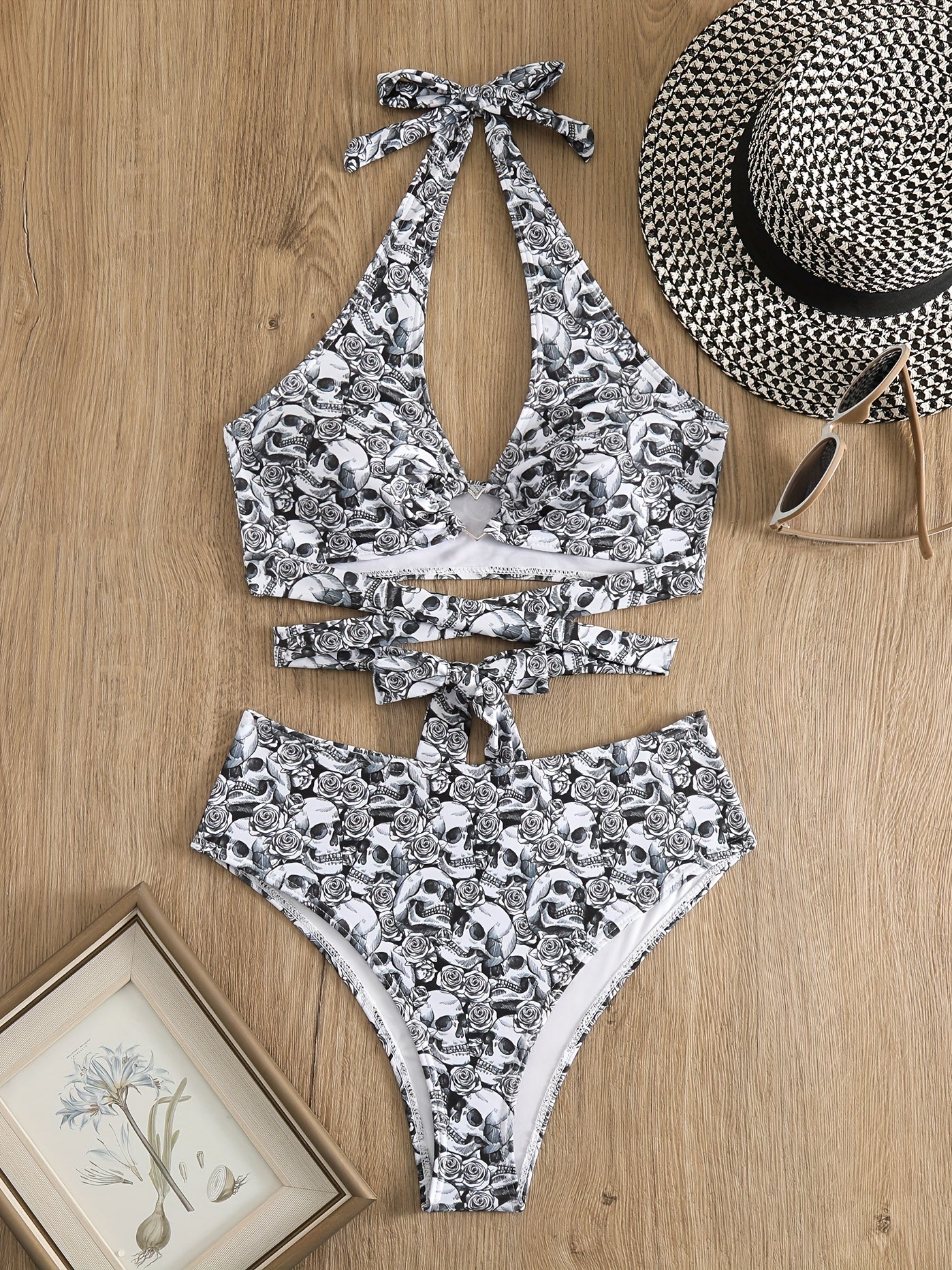 Gothic Skull & Heart V-Neck Bikini Set