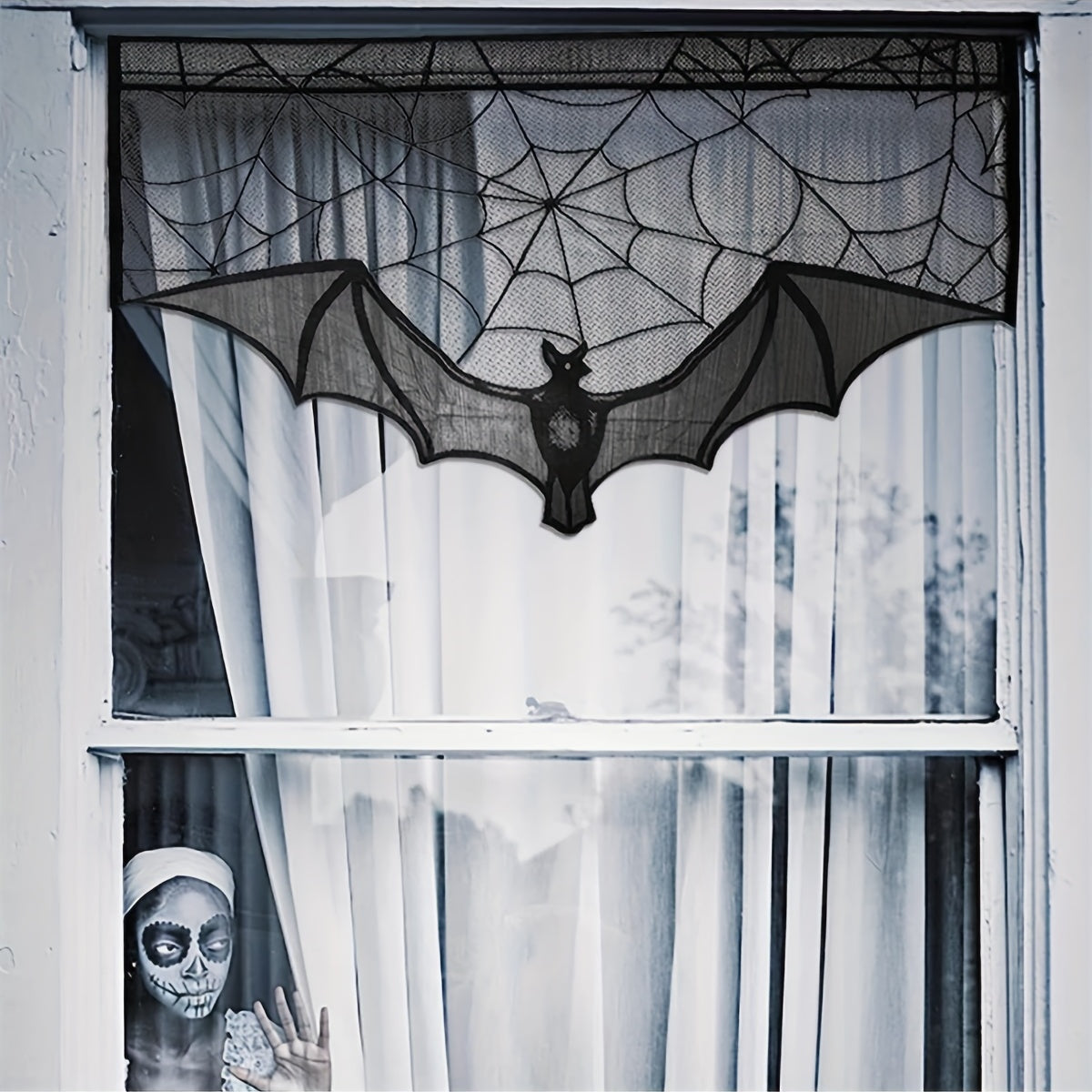 1pc Black Lace Halloween Gothic Bat Window Curtain