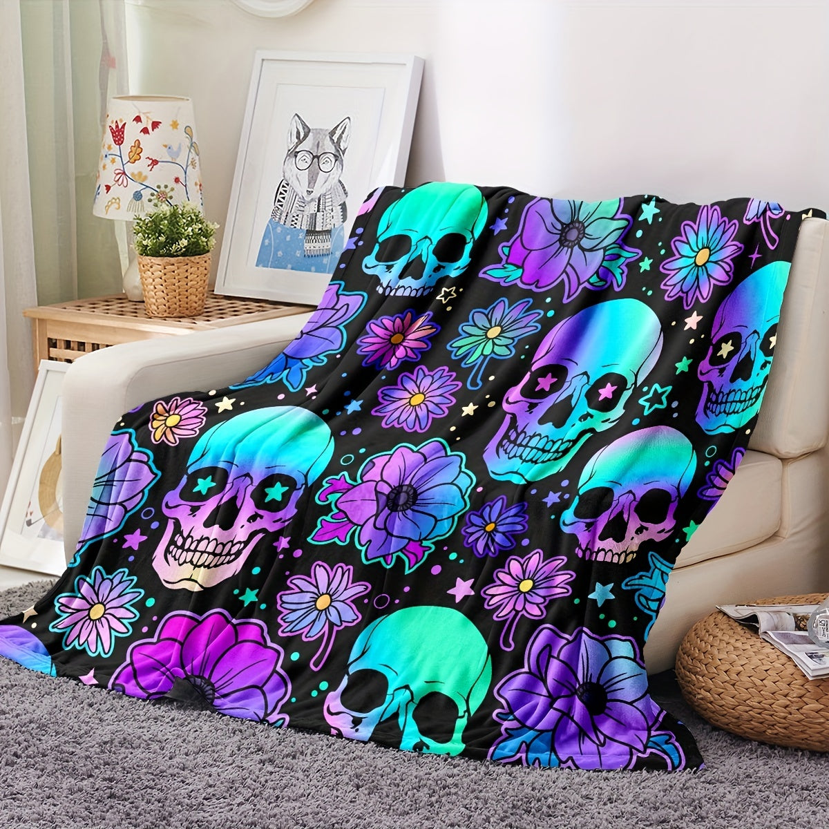 Colorful Skull Flower Print Flannel Blanket